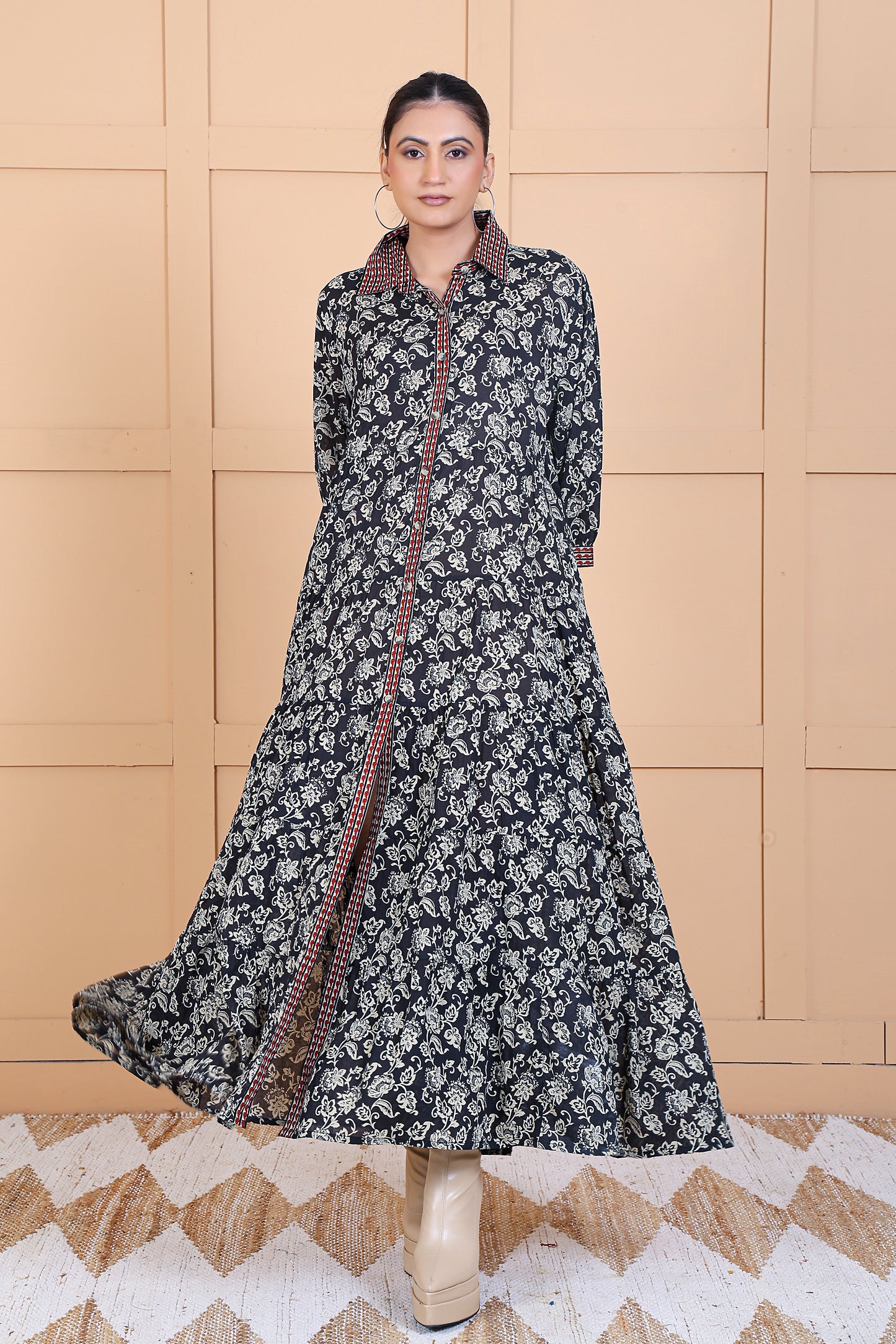 Luxe Three Fourth Sleeve Black Printed long dress