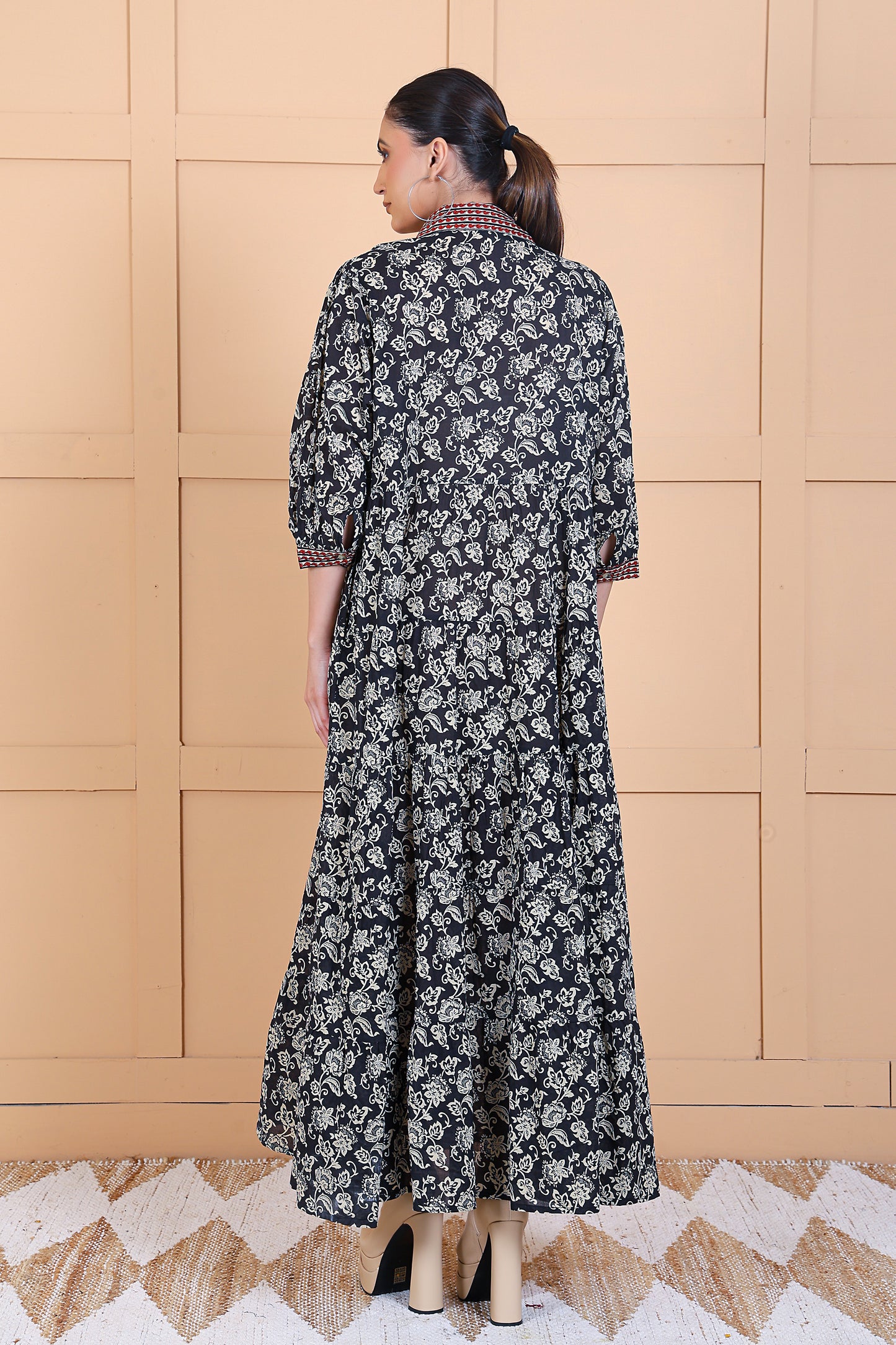 Luxe Three Fourth Sleeve Black Printed long dress