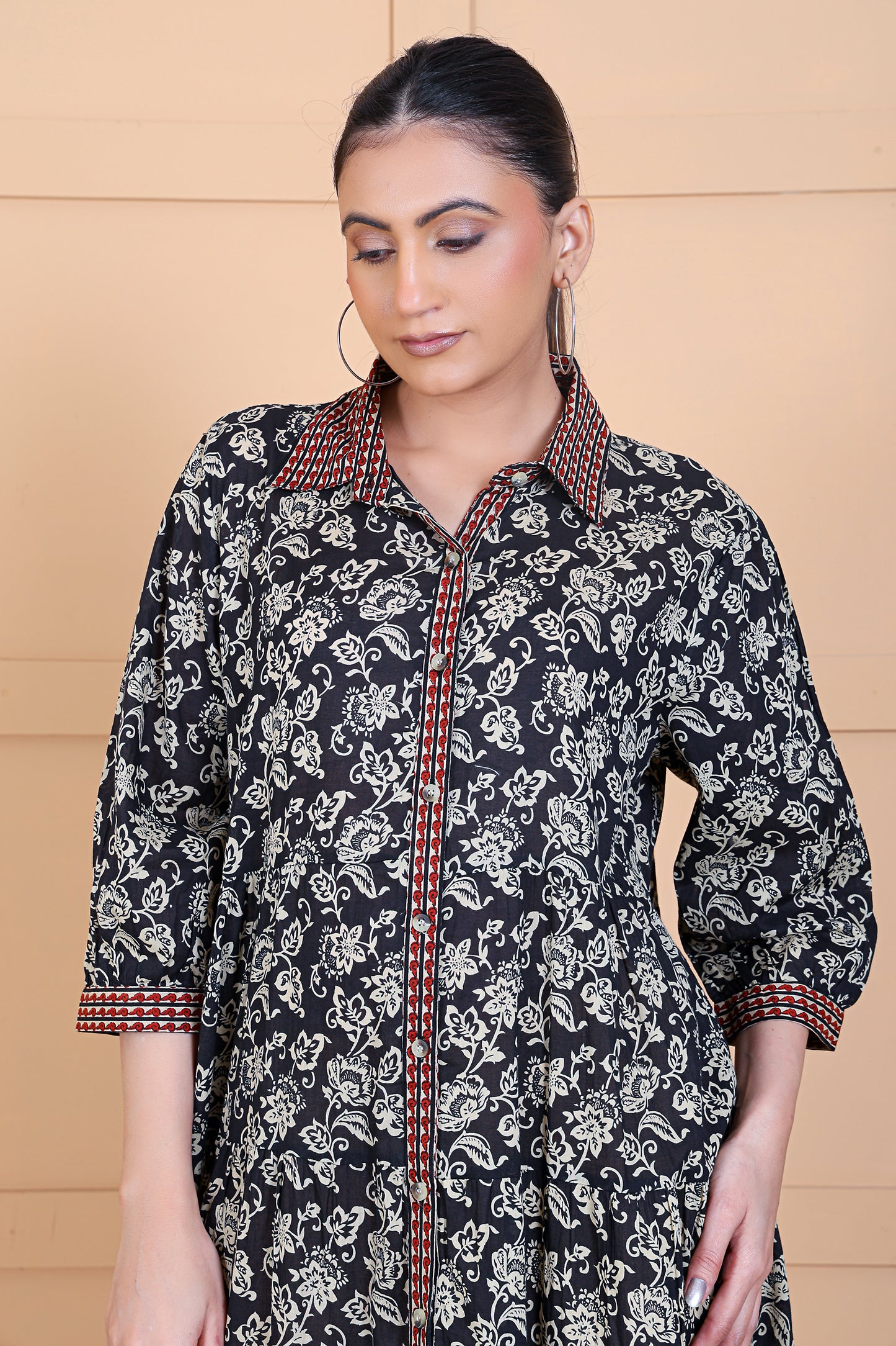 Luxe Three Fourth Sleeve Black Printed long dress