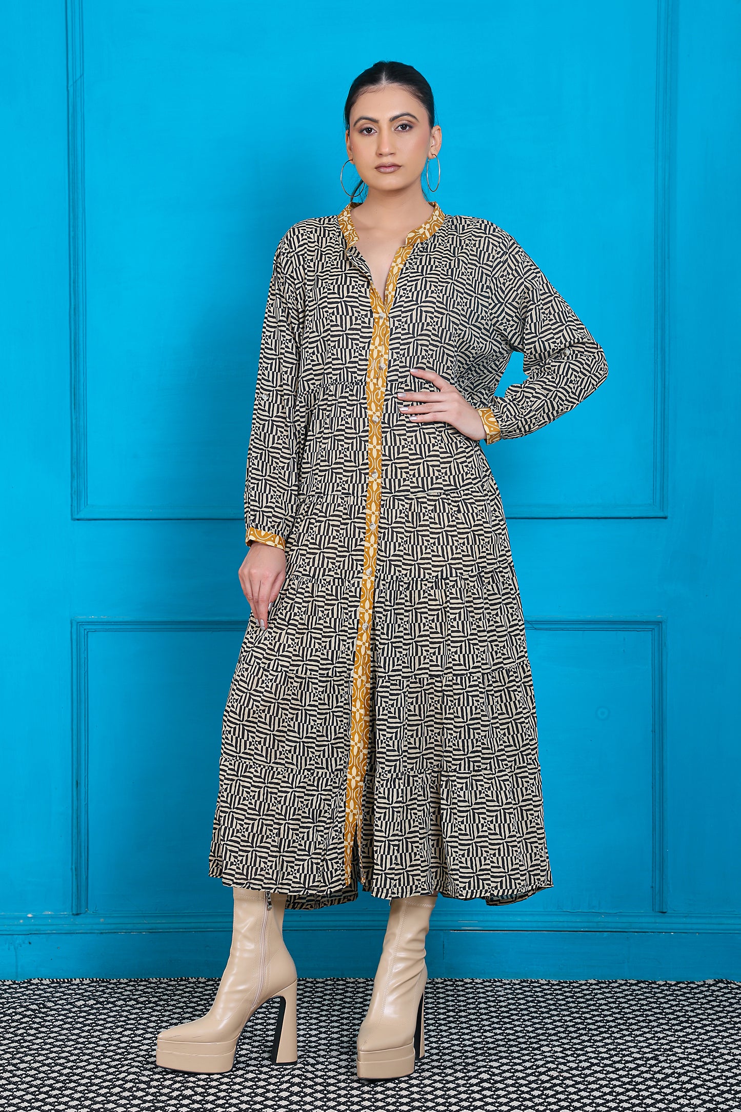 Women Full Sleeve Black Printed Front Placket Dress