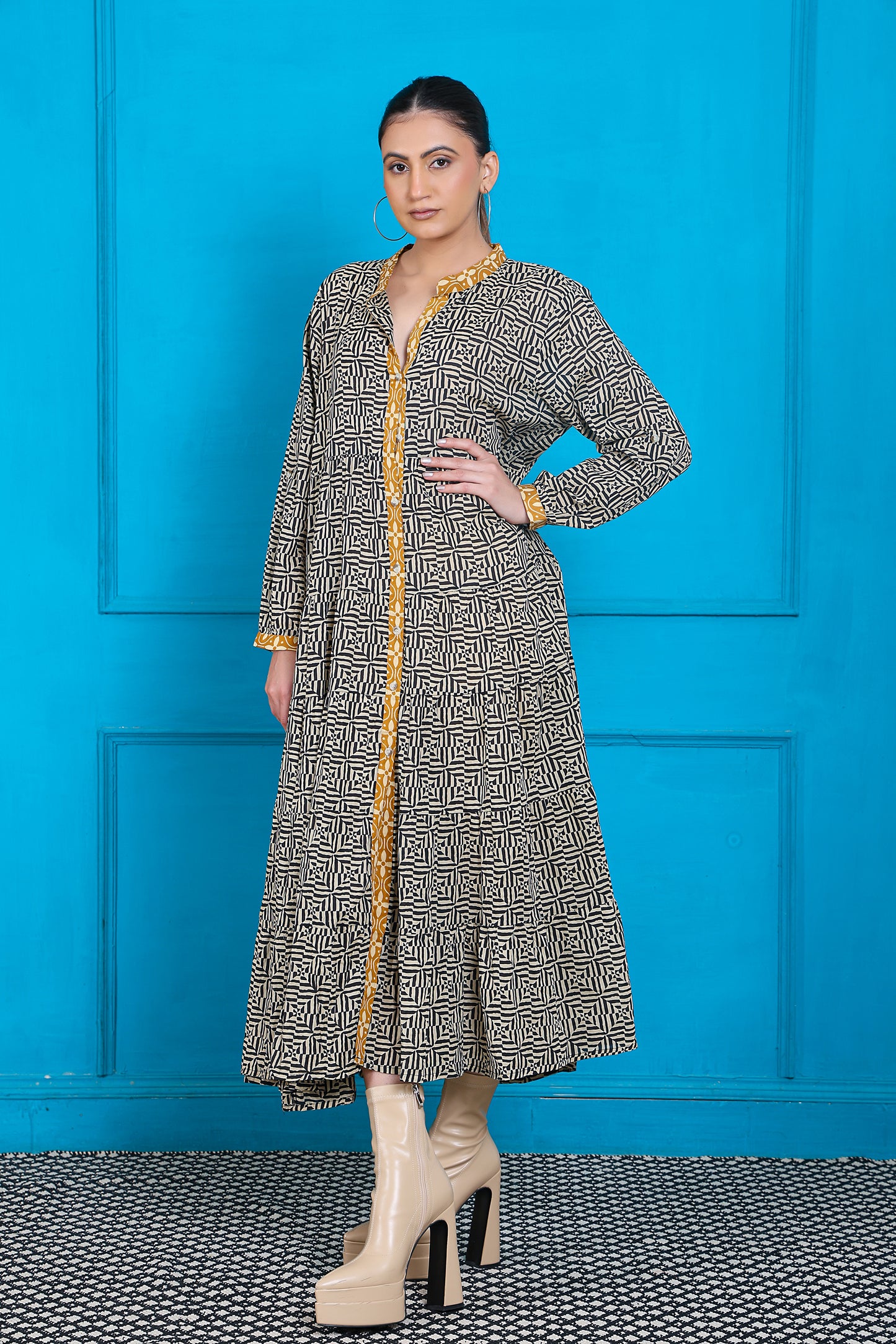 Women Full Sleeve Black Printed Front Placket Dress