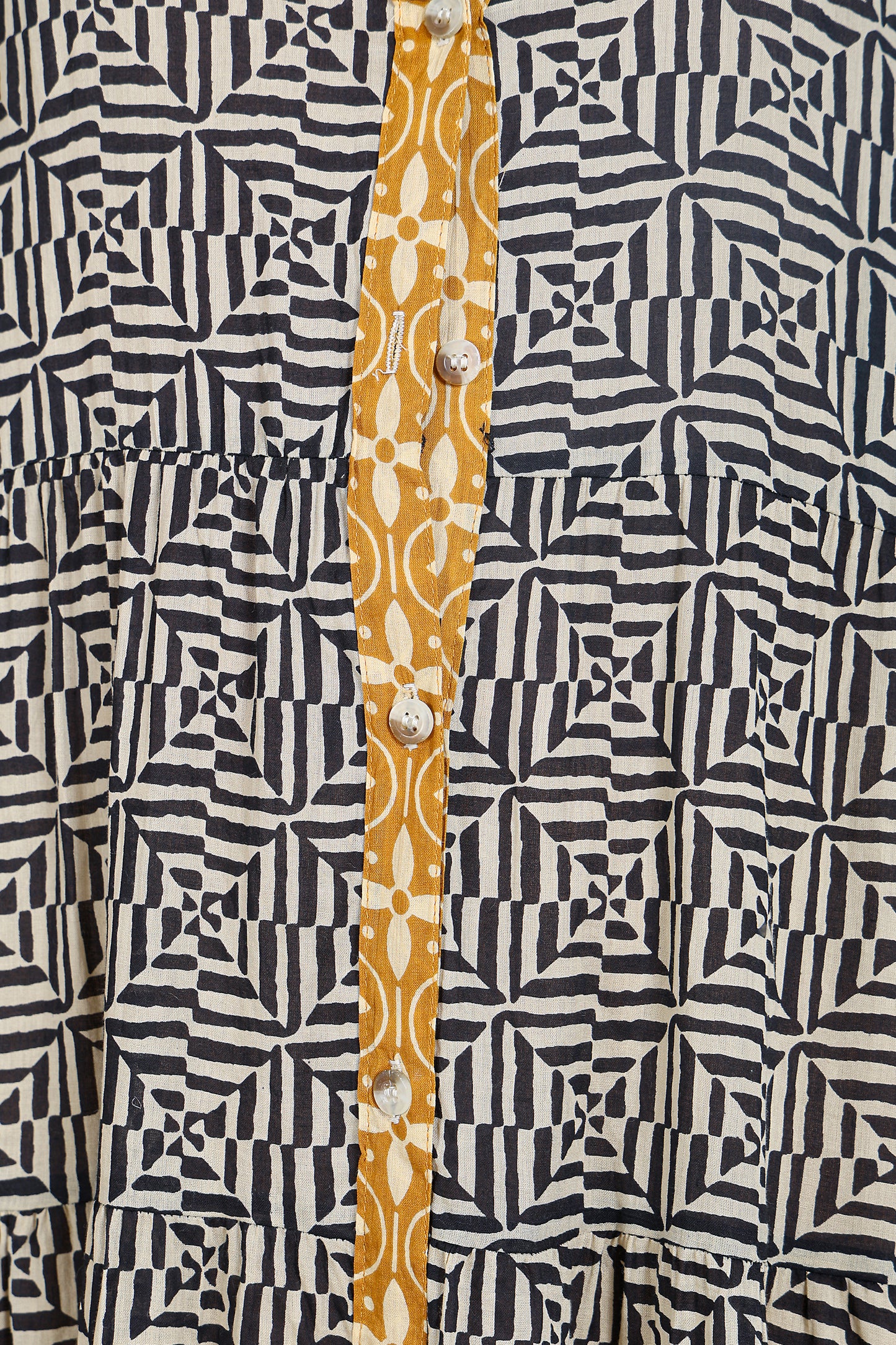 Women Full Sleeve Black Printed Front Placket Dress