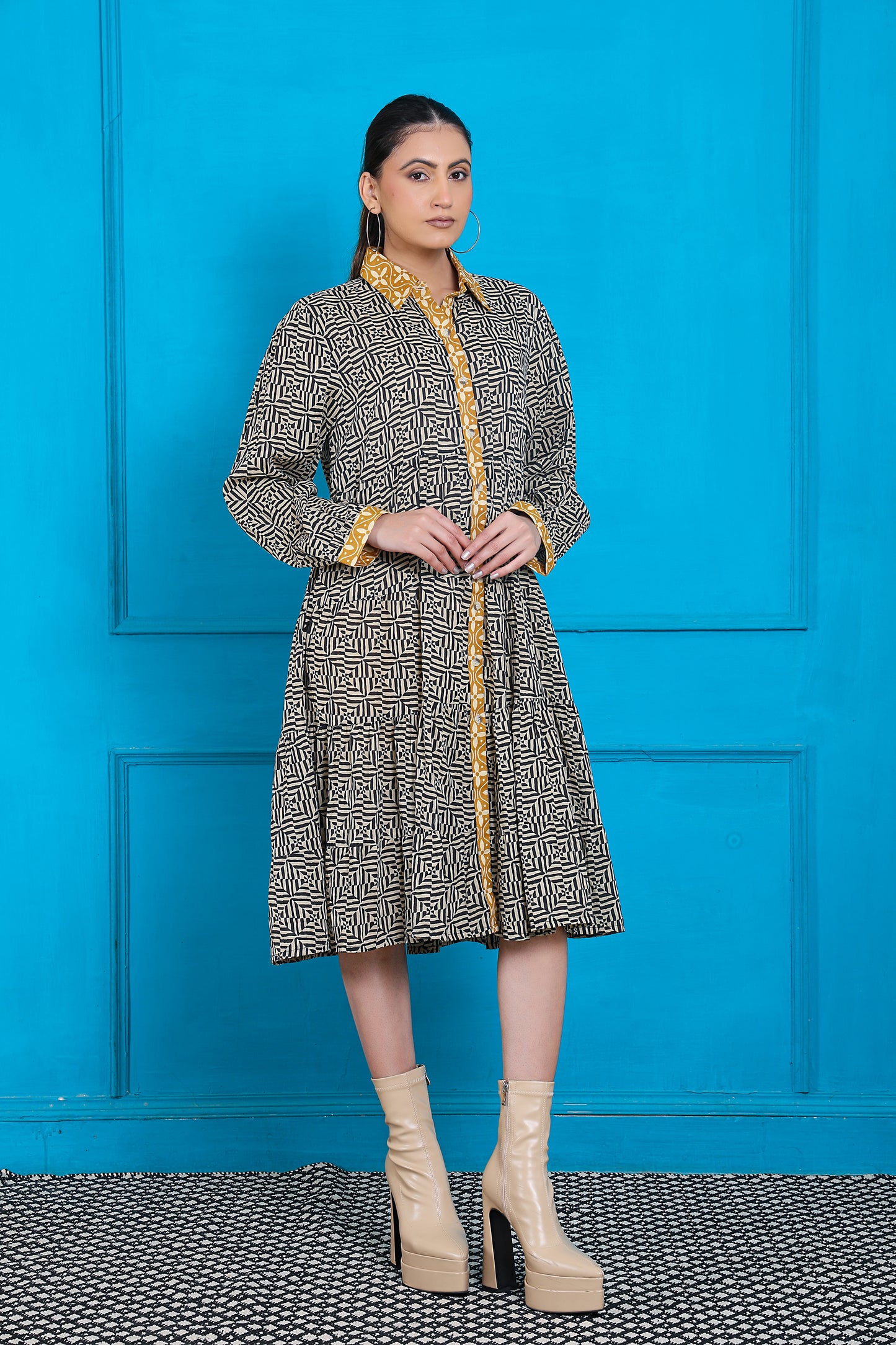 Luxe Full Sleeve Black Printed Yellow Placket Dress