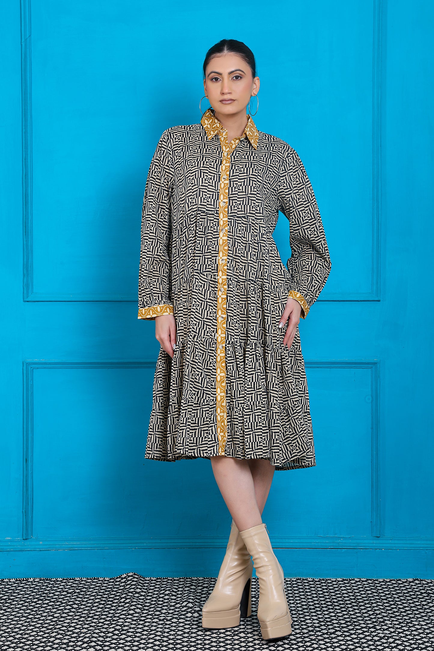 Luxe Full Sleeve Black Printed Yellow Placket Dress