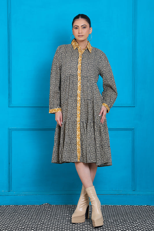 Luxe Full Sleeve Black Printed Yellow Placket Dress