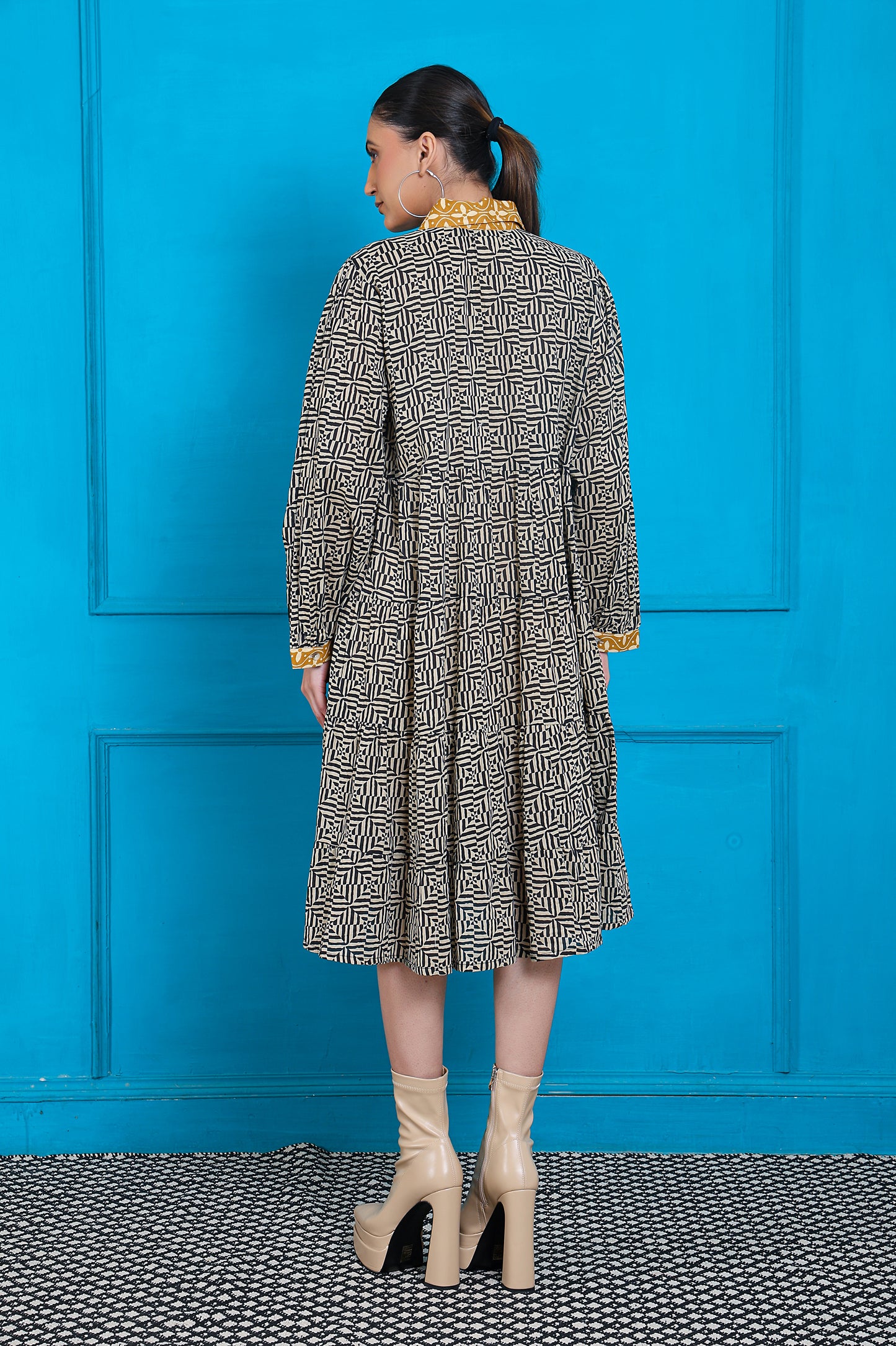 Luxe Full Sleeve Black Printed Yellow Placket Dress