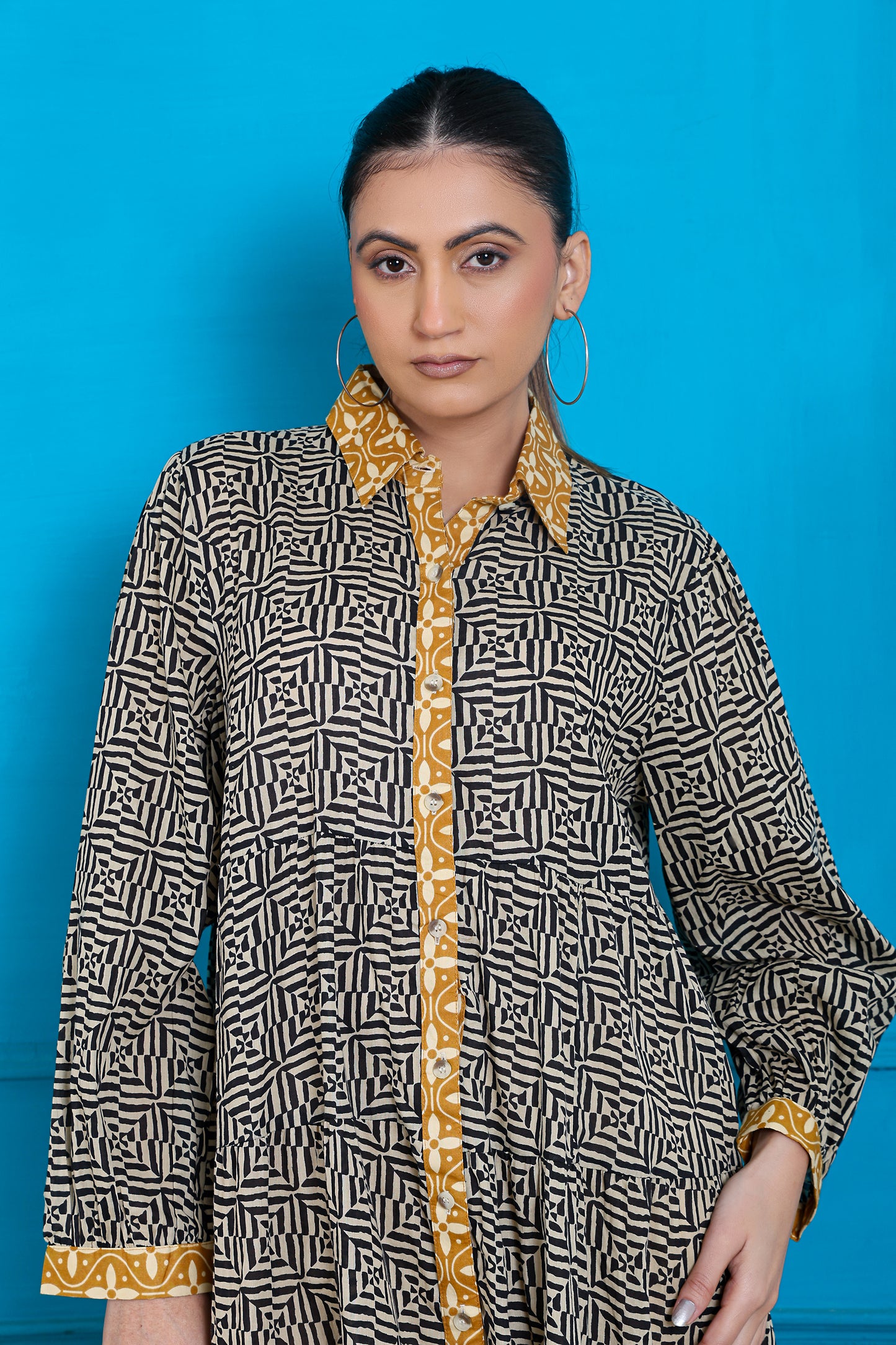 Luxe Full Sleeve Black Printed Yellow Placket Dress