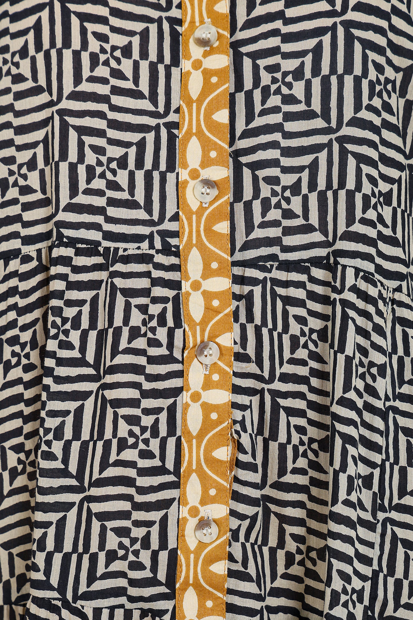 Luxe Full Sleeve Black Printed Yellow Placket Dress