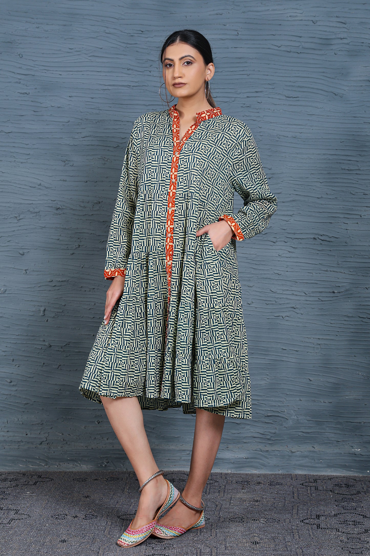 Luxe Full Sleeve Blue Printed Short Dress