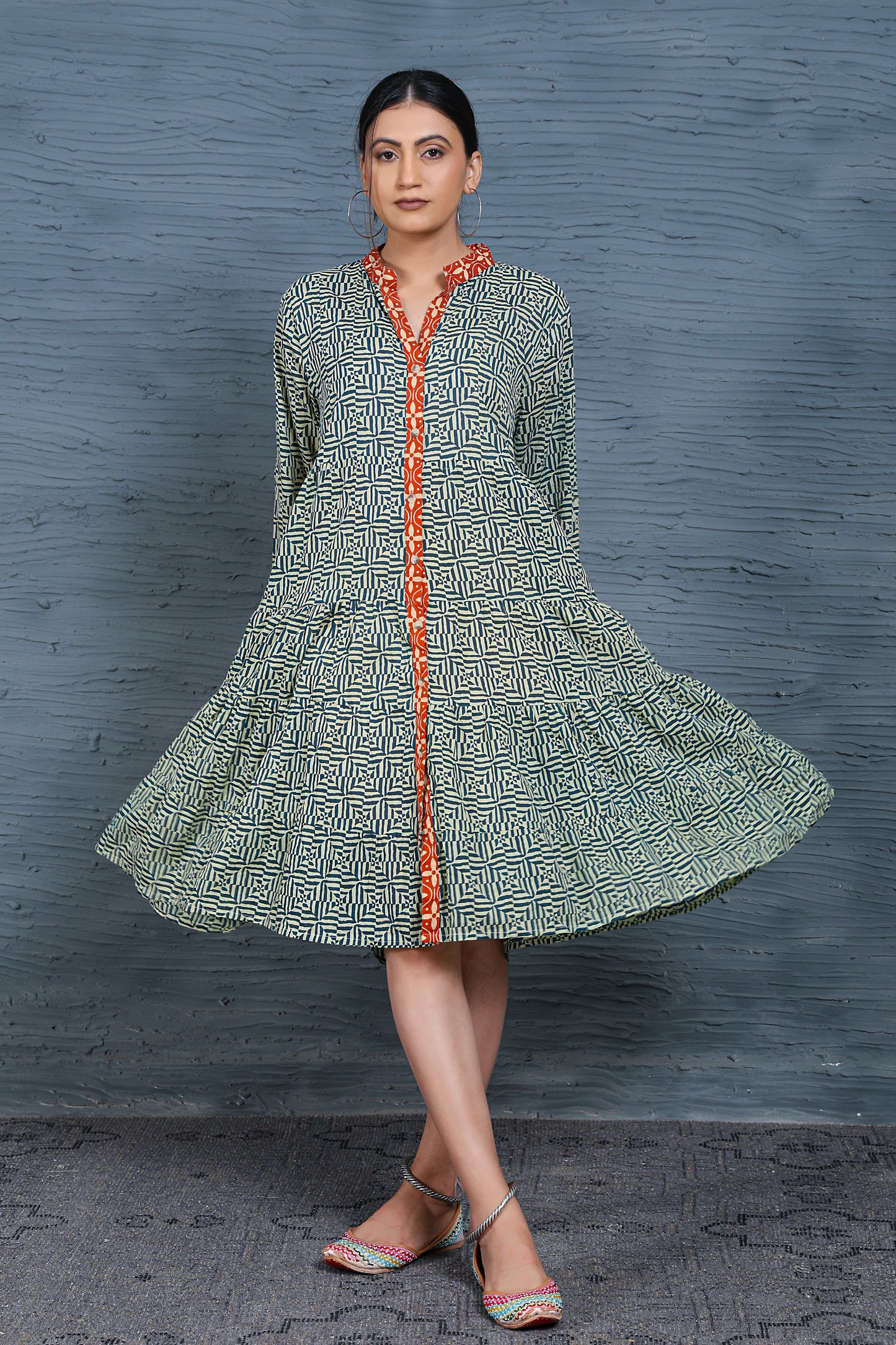 Luxe Full Sleeve Blue Printed Short Dress