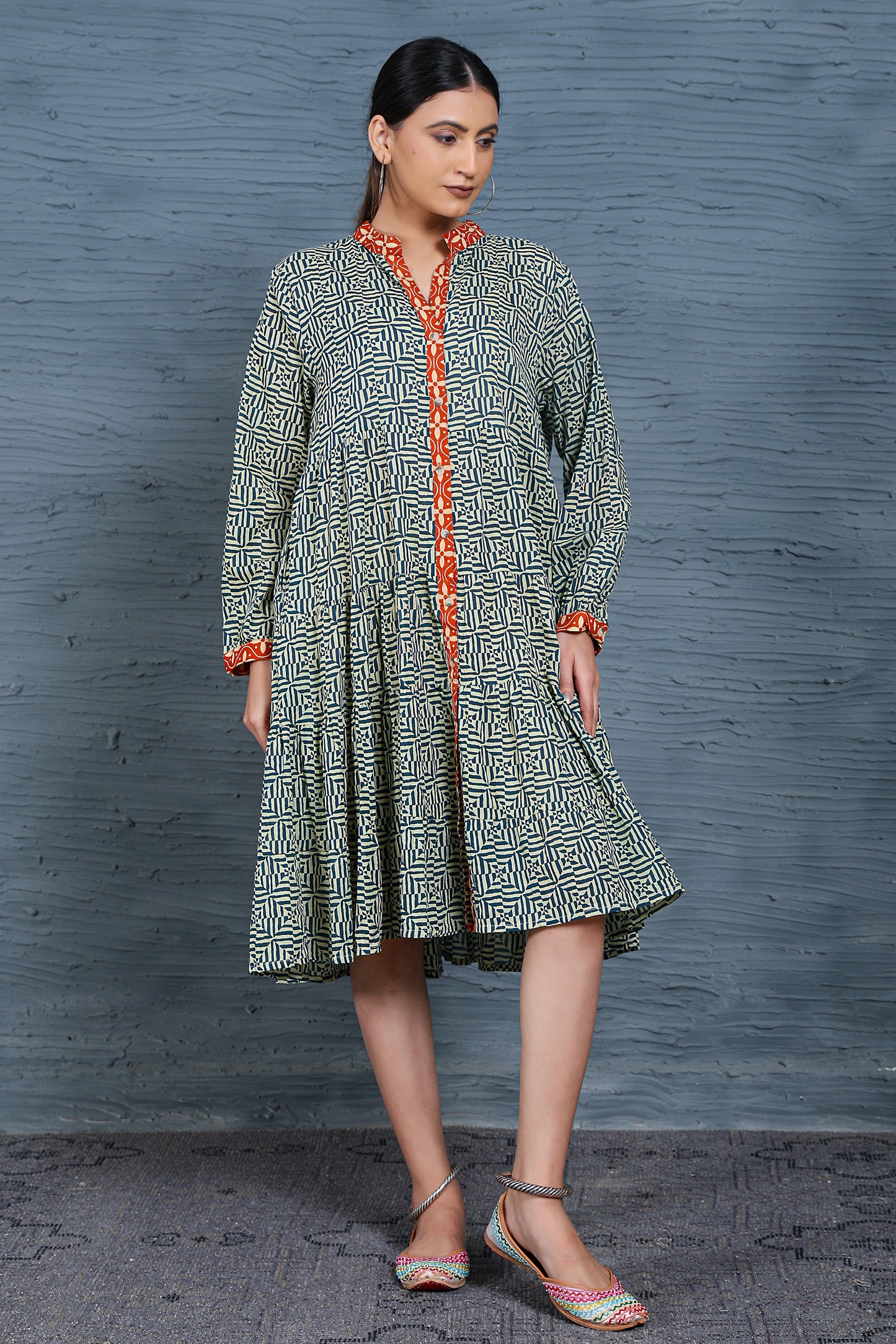 Luxe Full Sleeve Blue Printed Short Dress