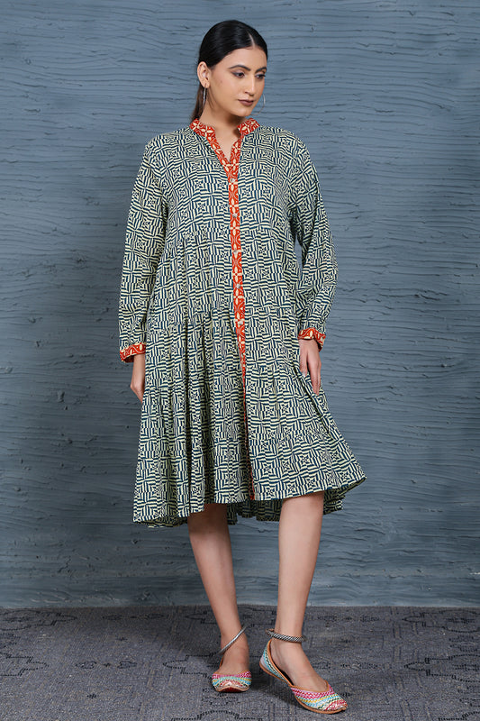 Luxe Full Sleeve Blue Printed Short Dress