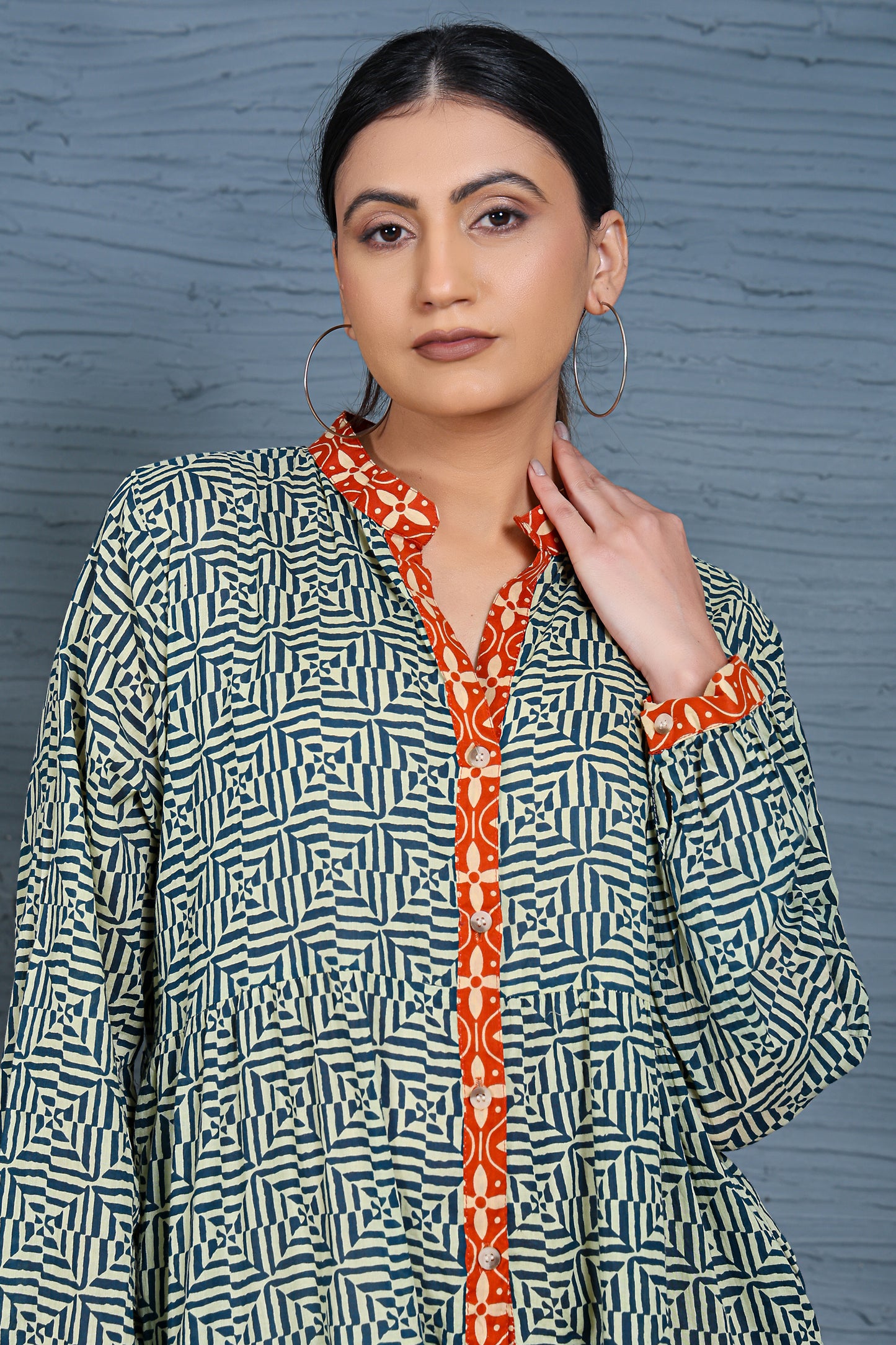 Luxe Full Sleeve Blue Printed Short Dress