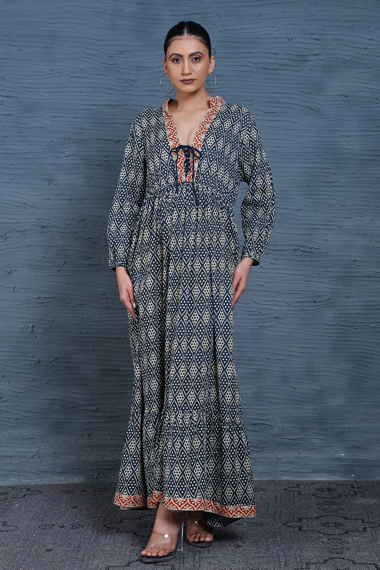 Luxe Full Sleeve Blue Printed Front Tie Up Dress