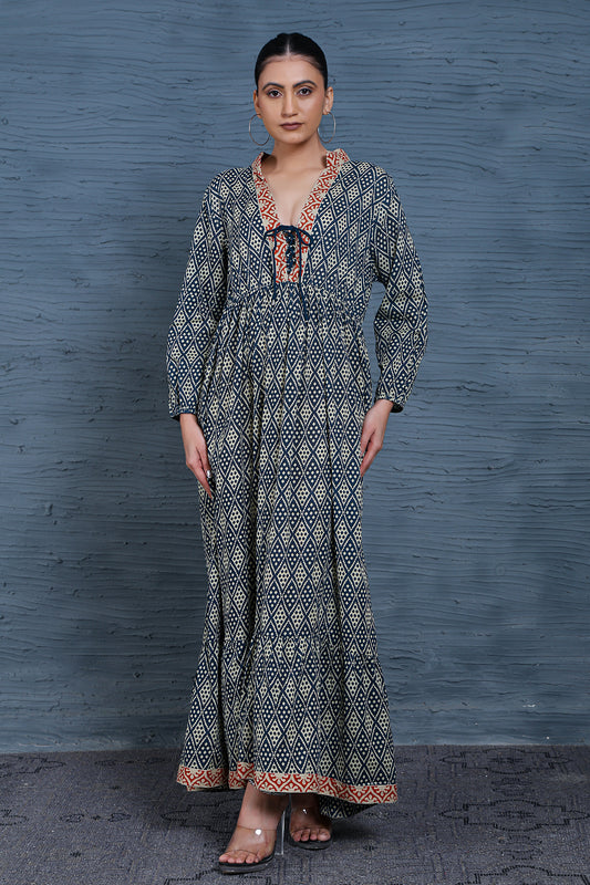 Luxe Full Sleeve Blue Printed Front Tie Up Dress