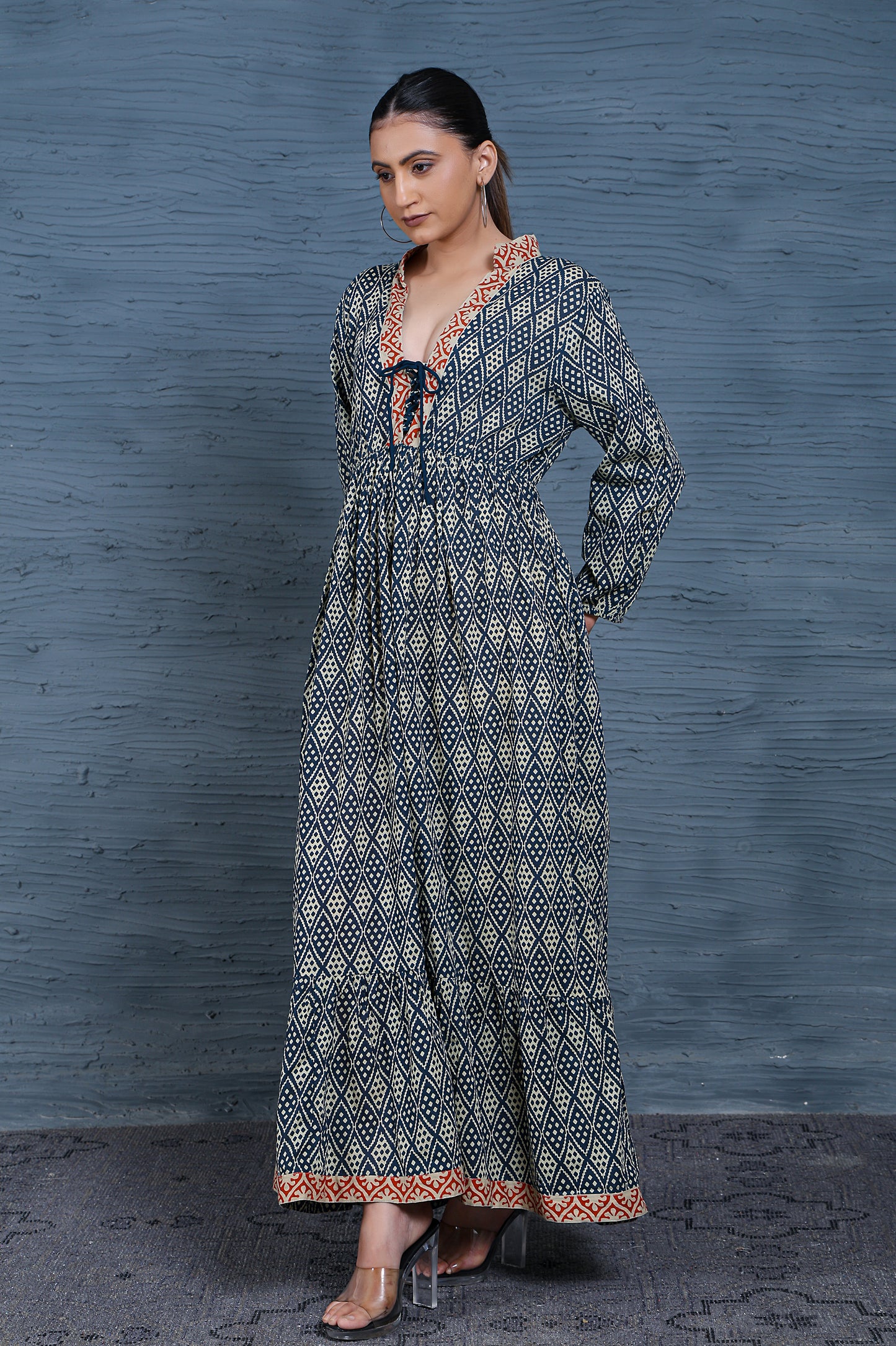 Luxe Full Sleeve Blue Printed Front Tie Up Dress