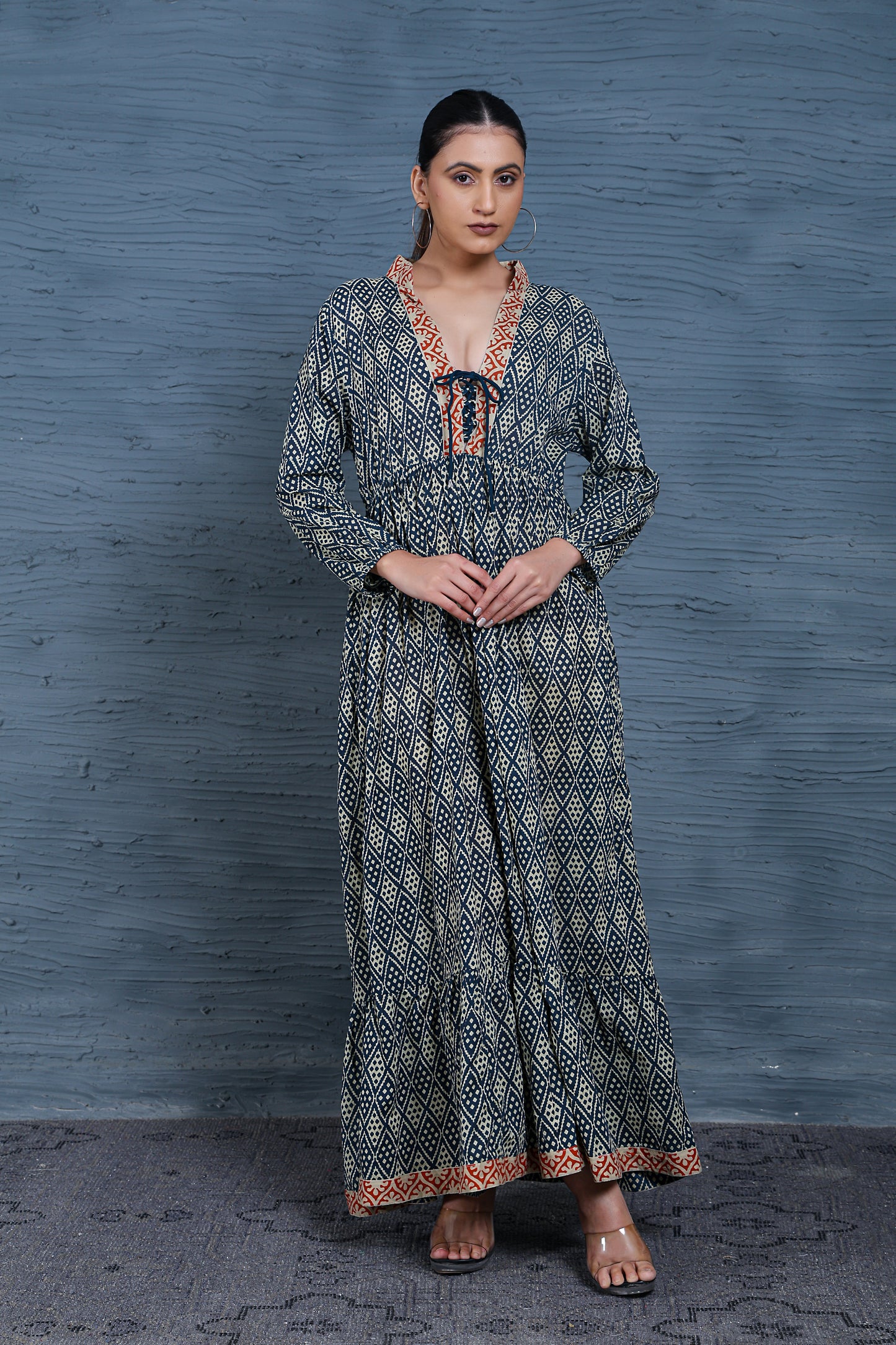 Luxe Full Sleeve Blue Printed Front Tie Up Dress