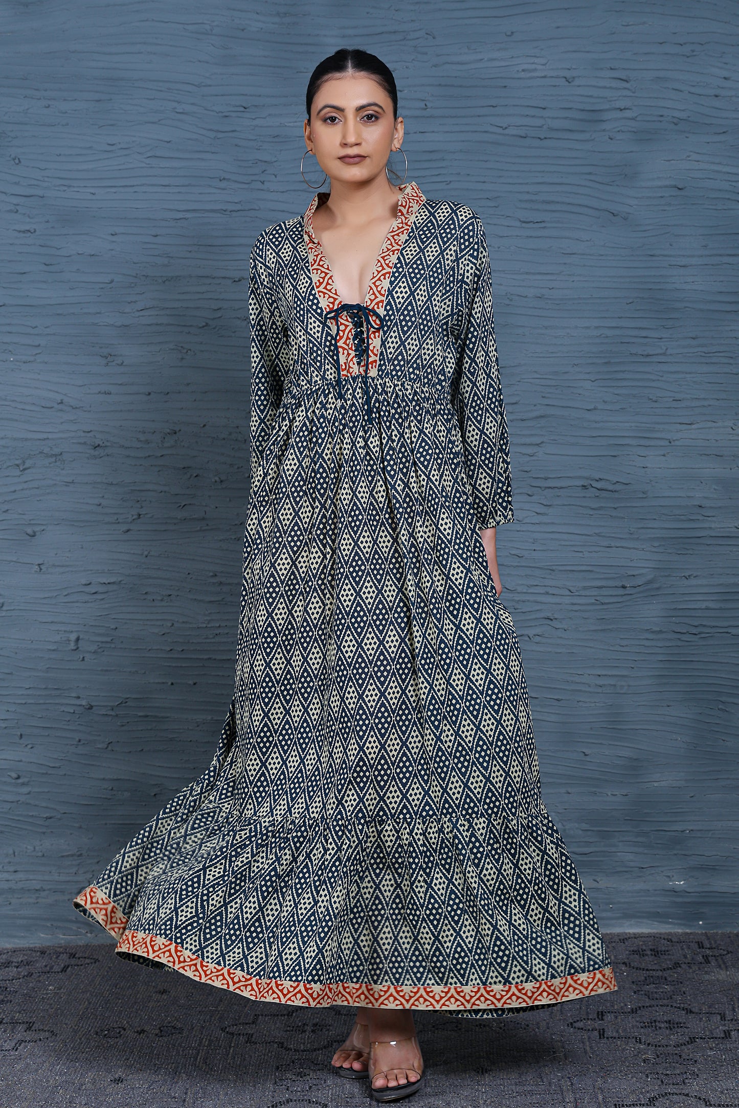 Luxe Full Sleeve Blue Printed Front Tie Up Dress