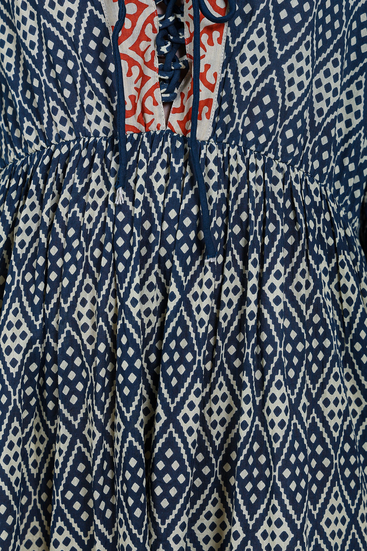 Luxe Full Sleeve Blue Printed Front Tie Up Dress