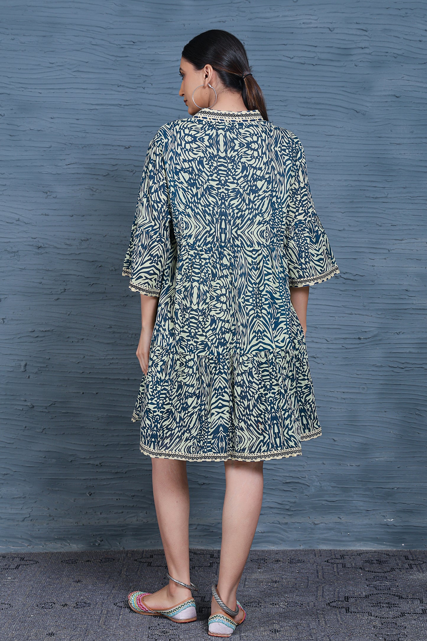 Luxe Three Fourth Sleeve Blue Printed V-Neck Dress