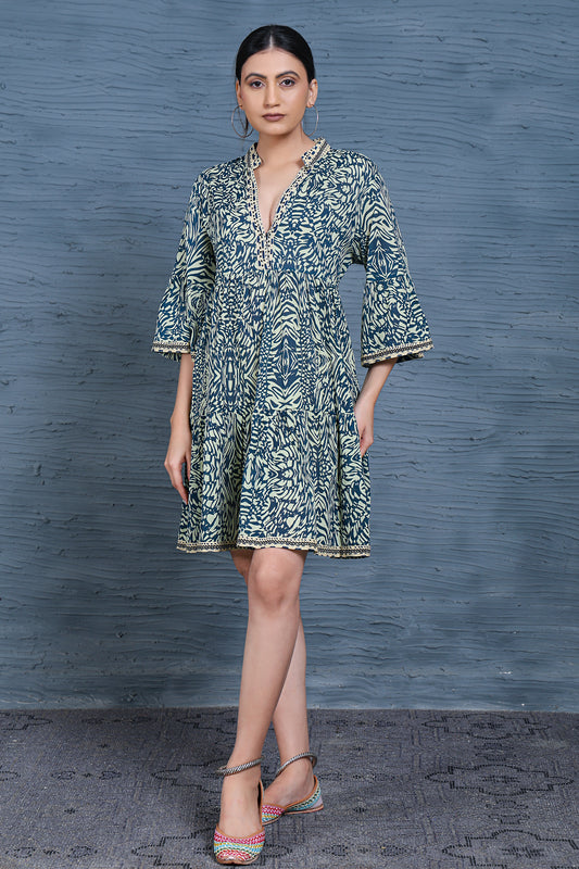 Luxe Three Fourth Sleeve Blue Printed V-Neck Dress