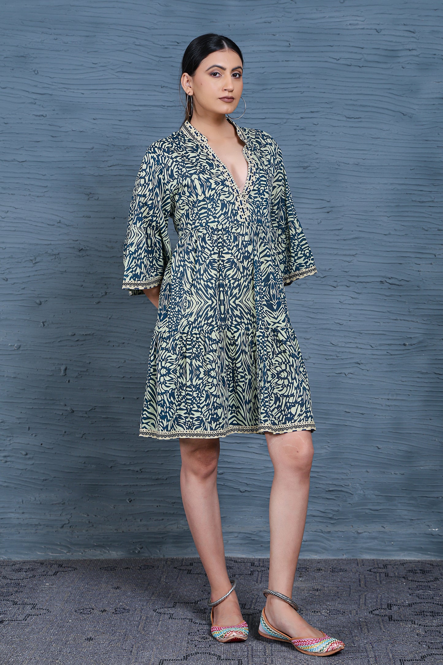 Luxe Three Fourth Sleeve Blue Printed V-Neck Dress