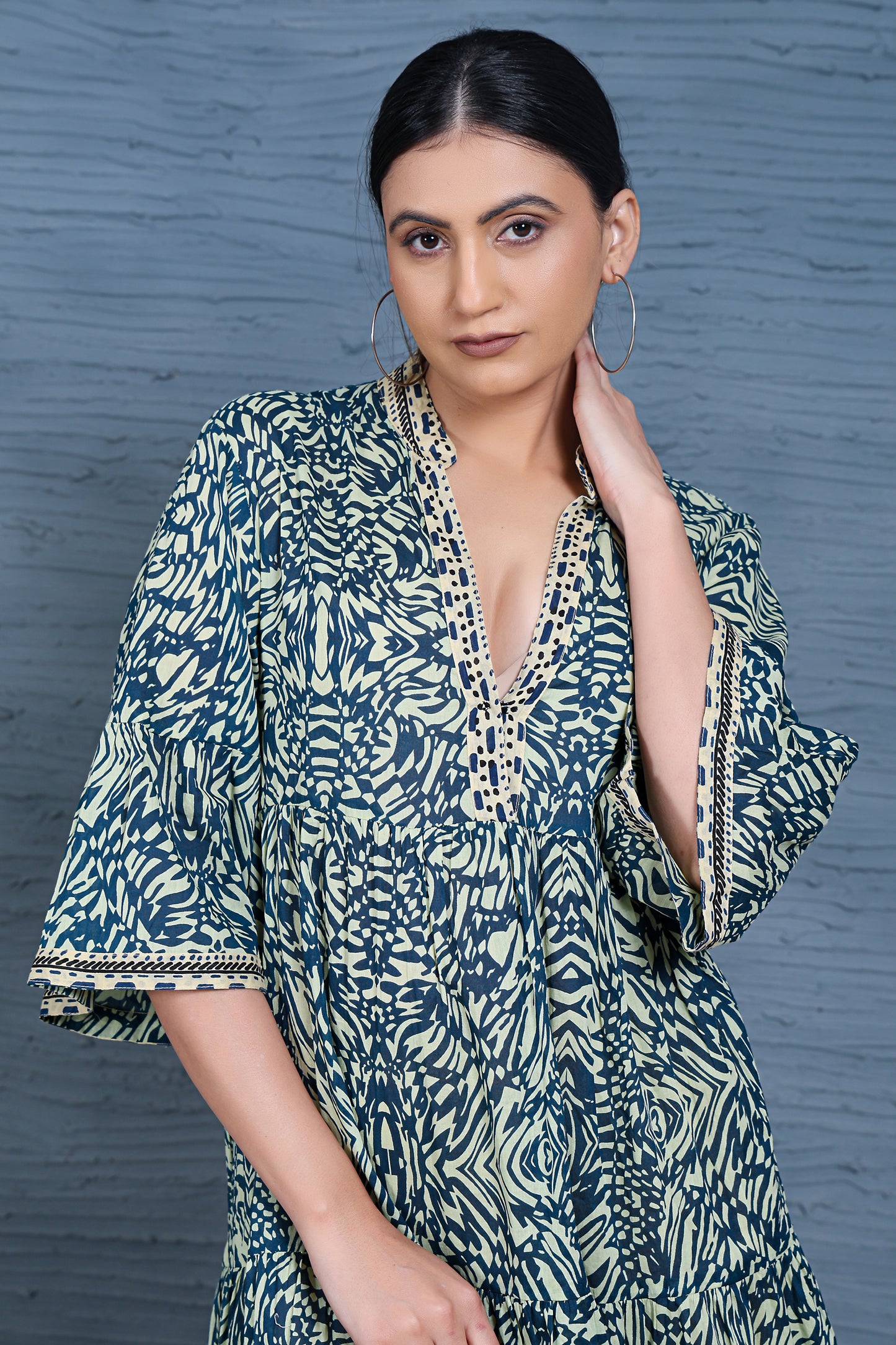 Luxe Three Fourth Sleeve Blue Printed V-Neck Dress