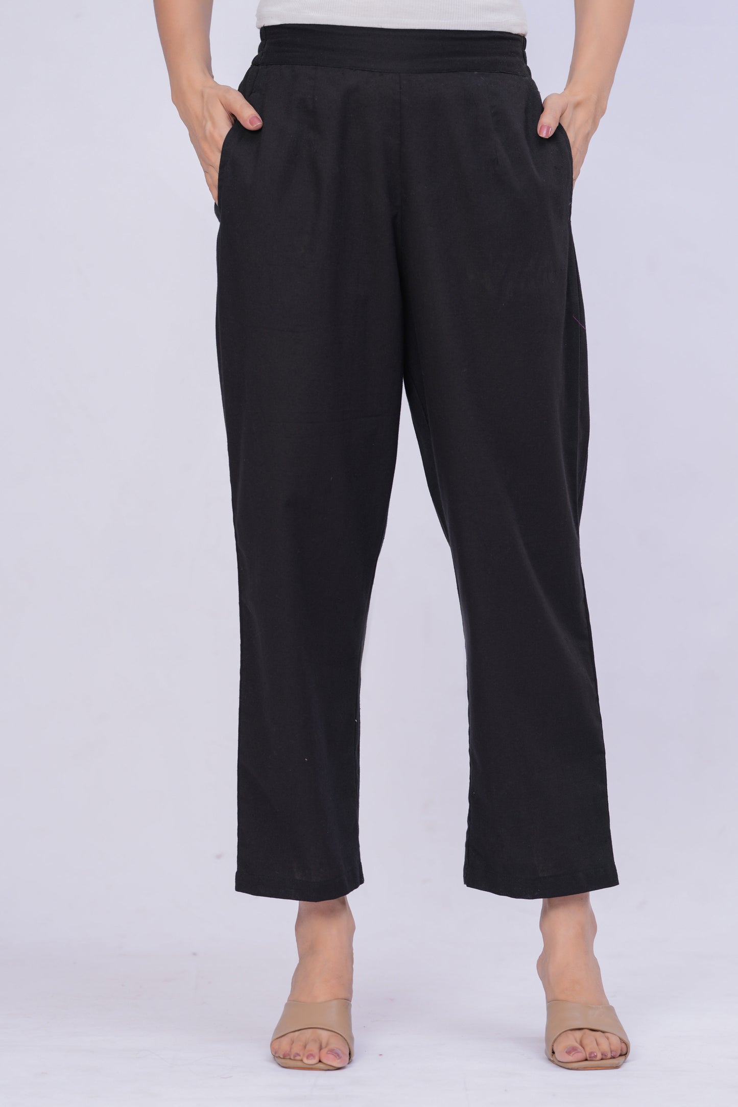 Women Black Solid Cotton Blend Palazzo Pants | Relaxed Fit Formal/Casual Bottoms