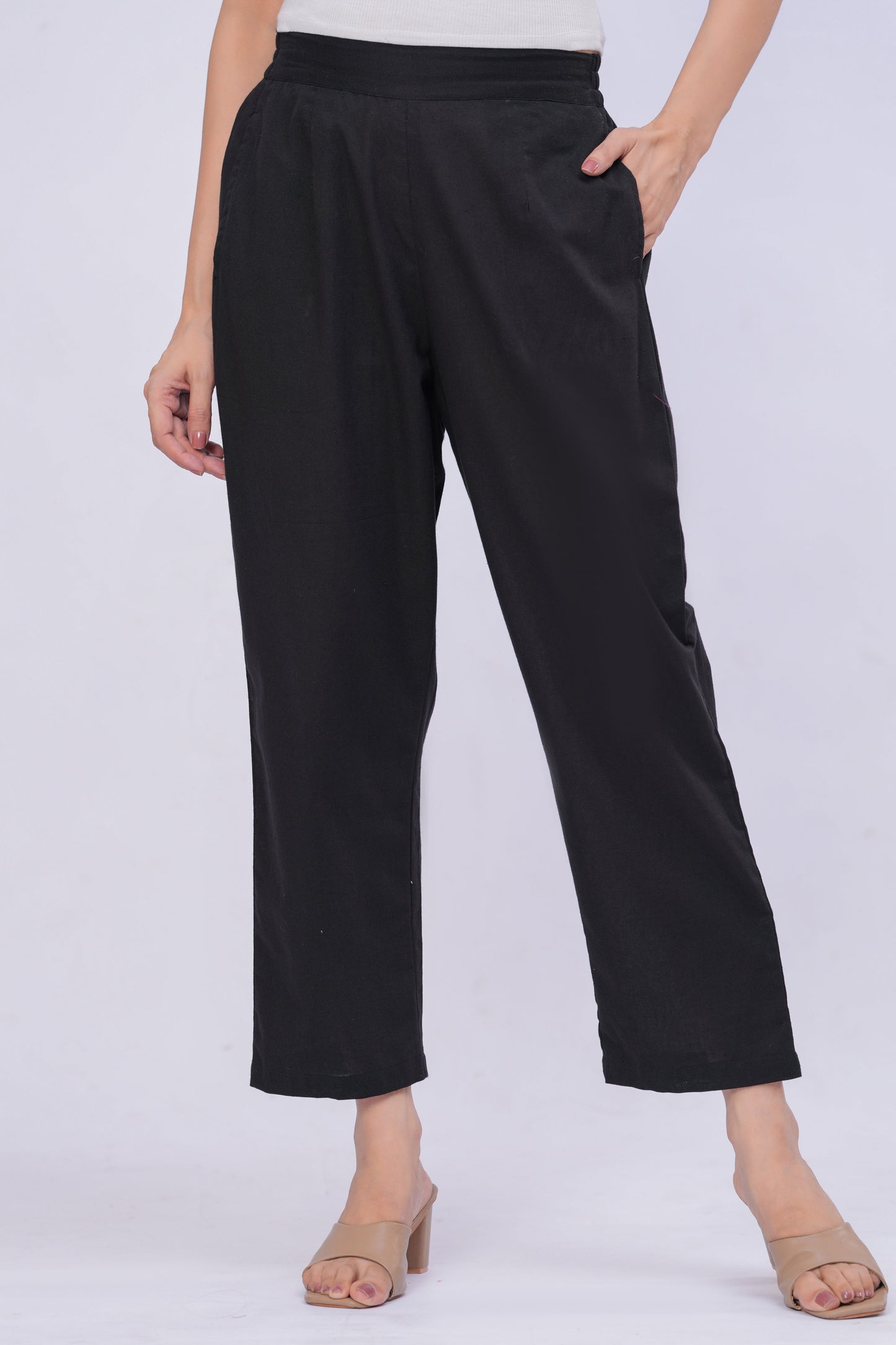 Women Black Solid Cotton Blend Palazzo Pants | Relaxed Fit Formal/Casual Bottoms