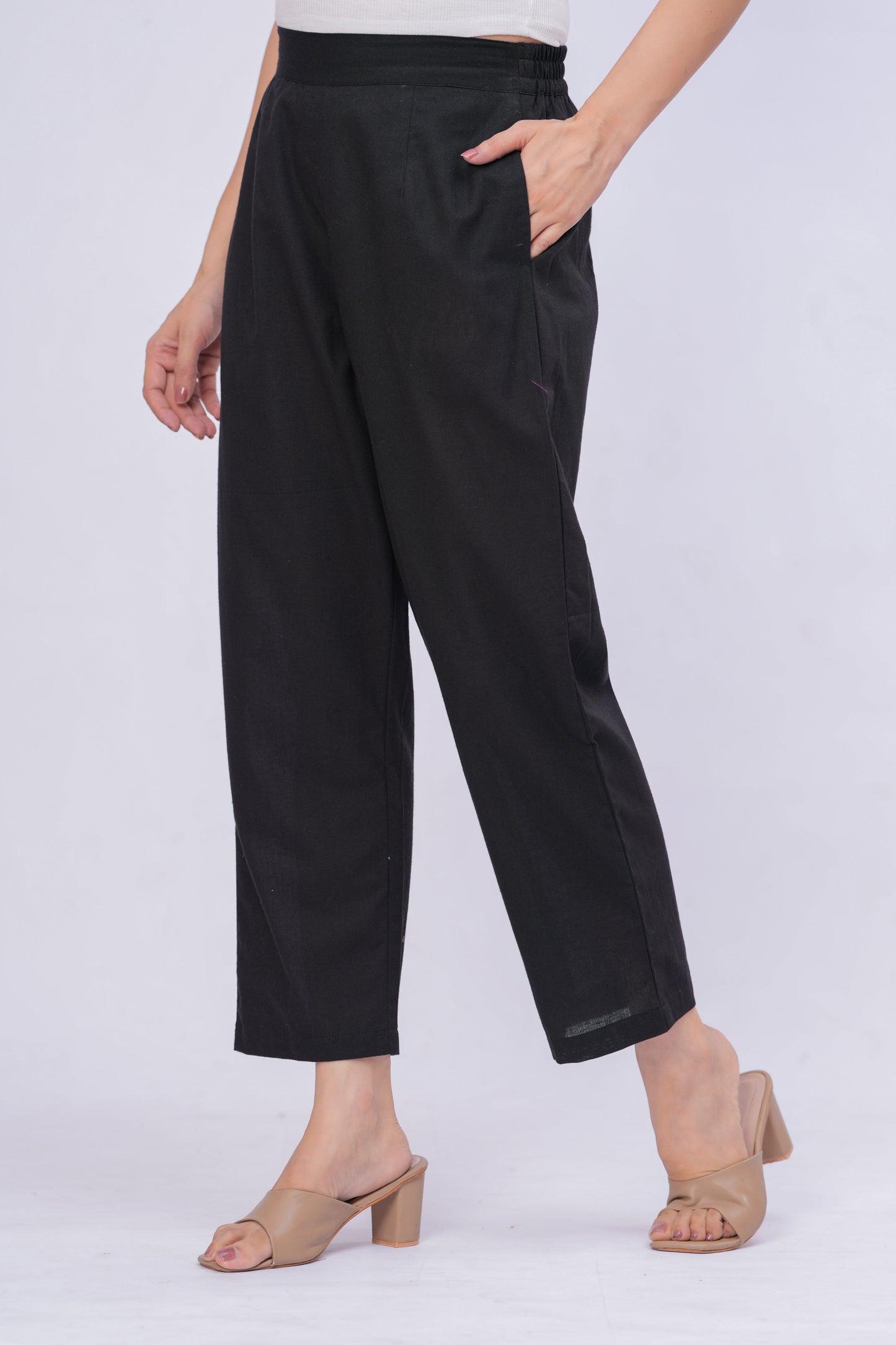 Women Black Solid Cotton Blend Palazzo Pants | Relaxed Fit Formal/Casual Bottoms