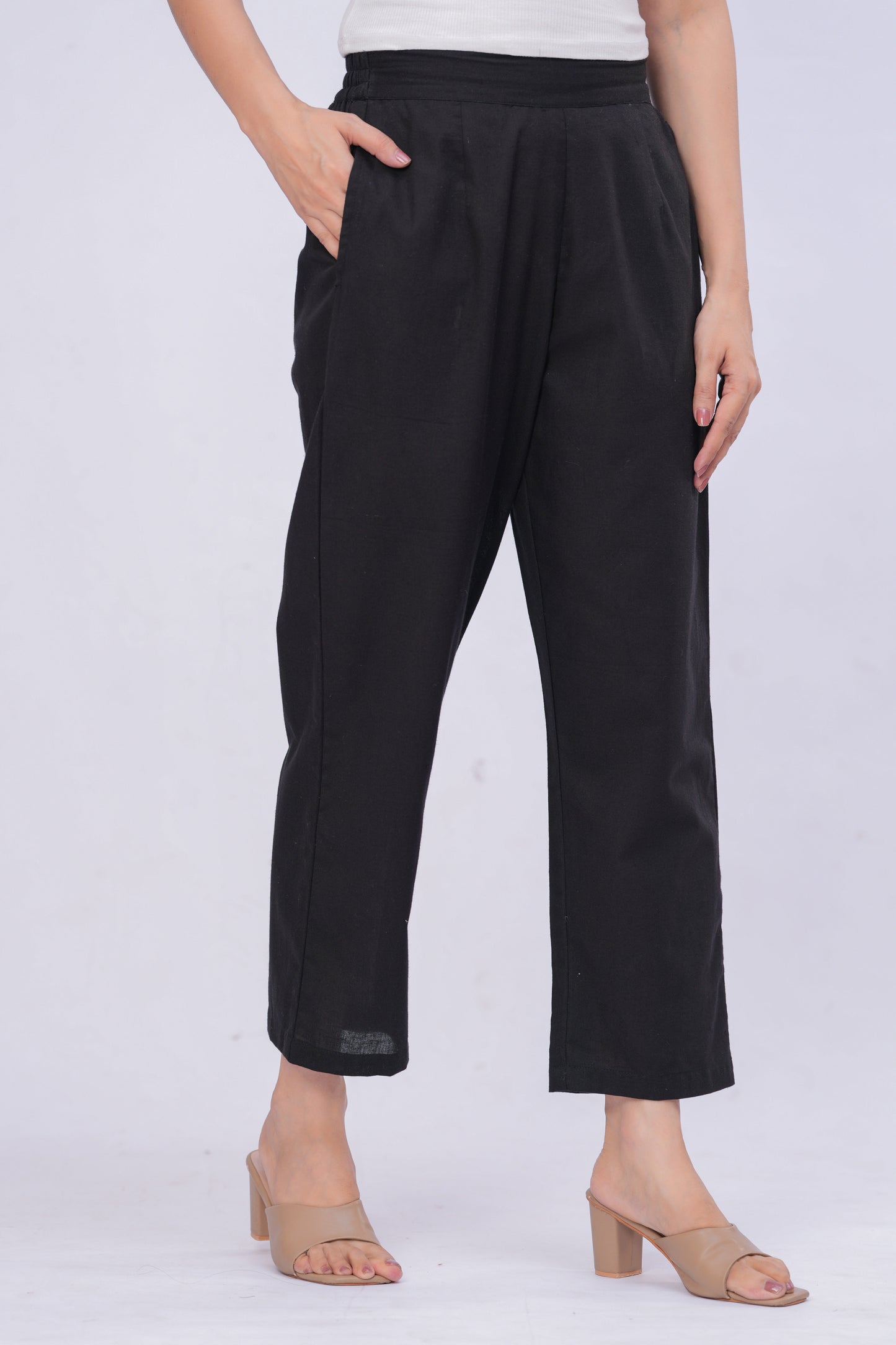 Women Black Solid Cotton Blend Palazzo Pants | Relaxed Fit Formal/Casual Bottoms