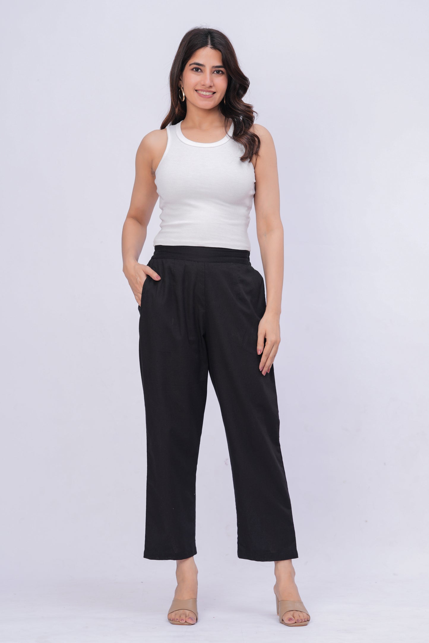 Women Black Solid Cotton Blend Palazzo Pants | Relaxed Fit Formal/Casual Bottoms