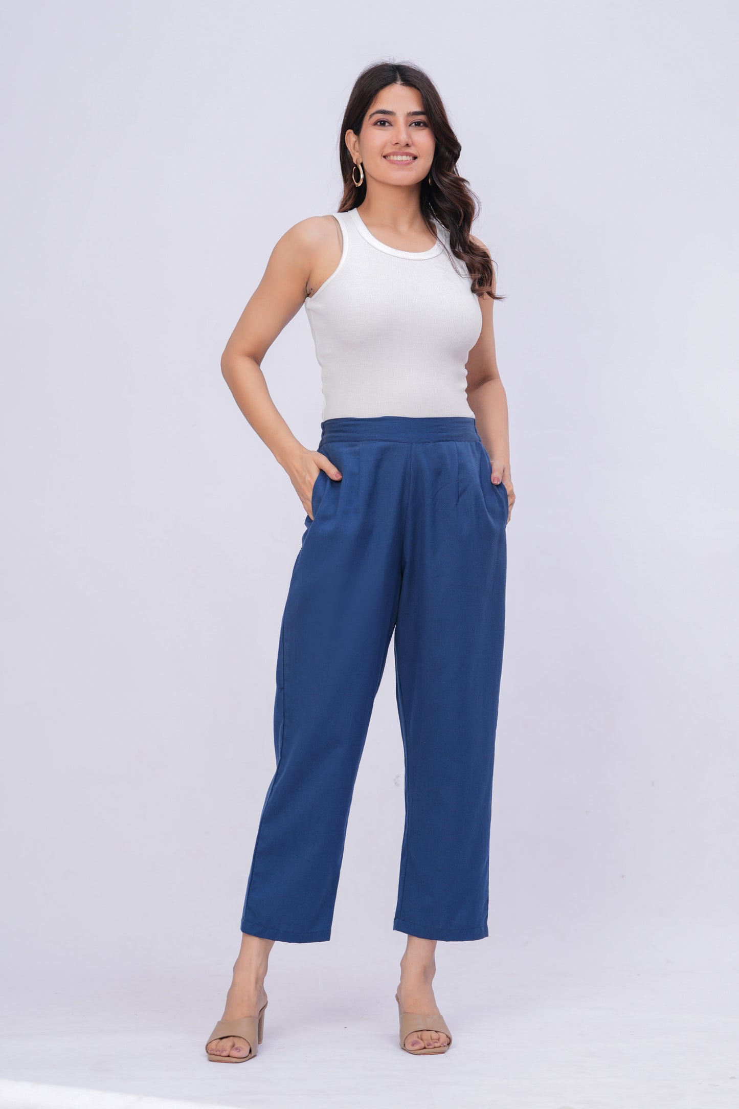 Women Navy Blue Solid Cotton Blend Palazzo Pants | Relaxed Fit Formal/Casual Bottoms