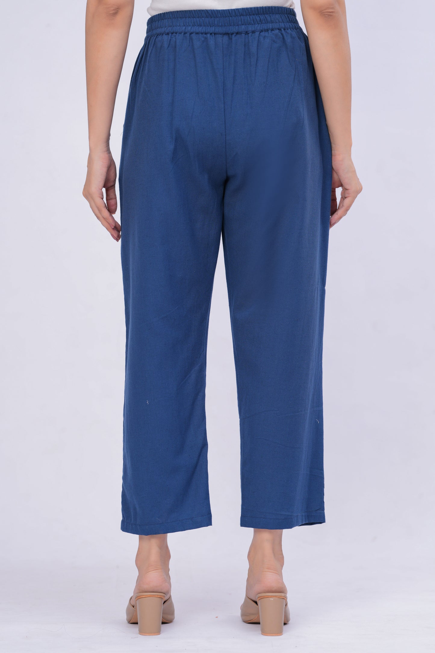 Women Navy Blue Solid Cotton Blend Palazzo Pants | Relaxed Fit Formal/Casual Bottoms
