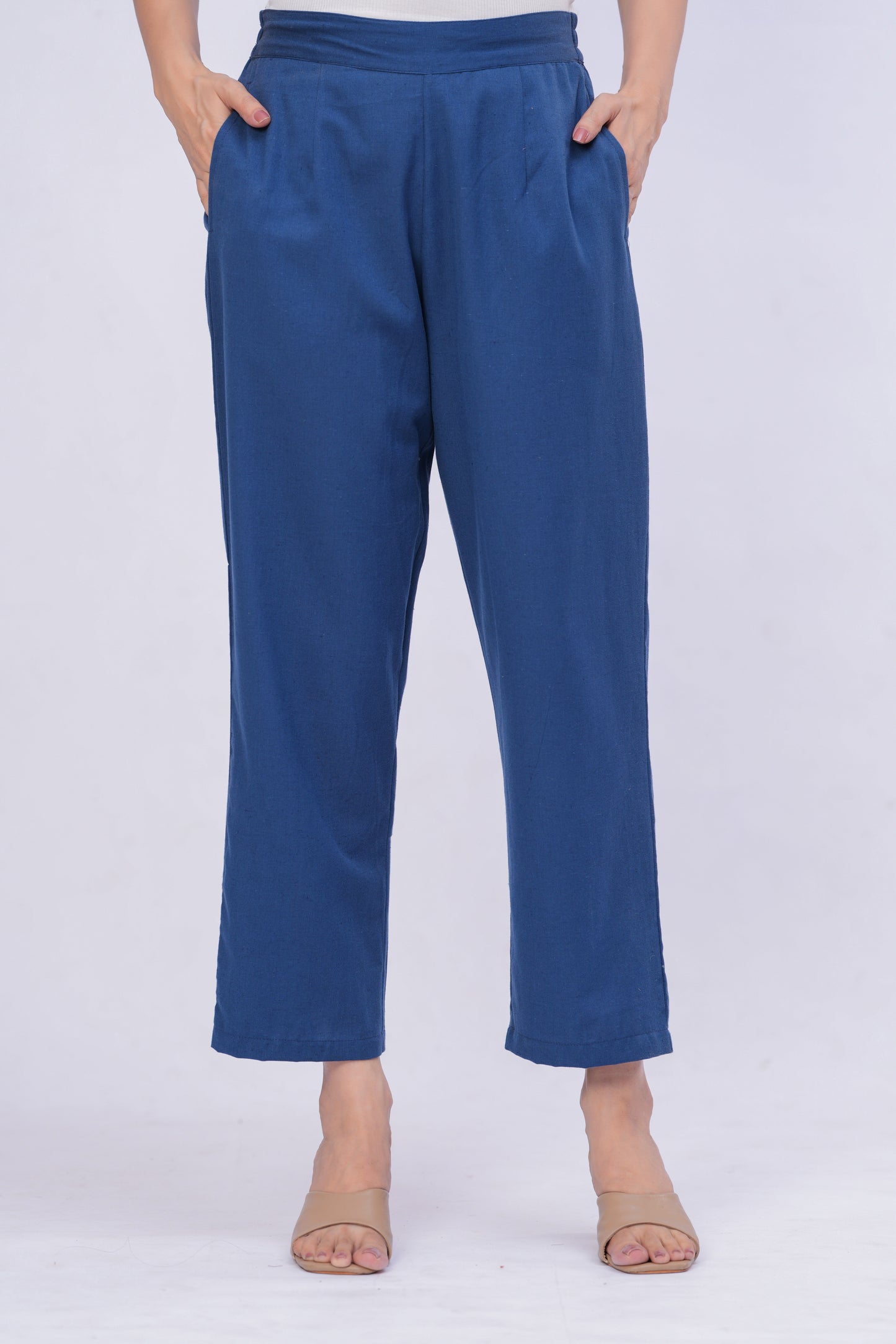Women Navy Blue Solid Cotton Blend Palazzo Pants | Relaxed Fit Formal/Casual Bottoms