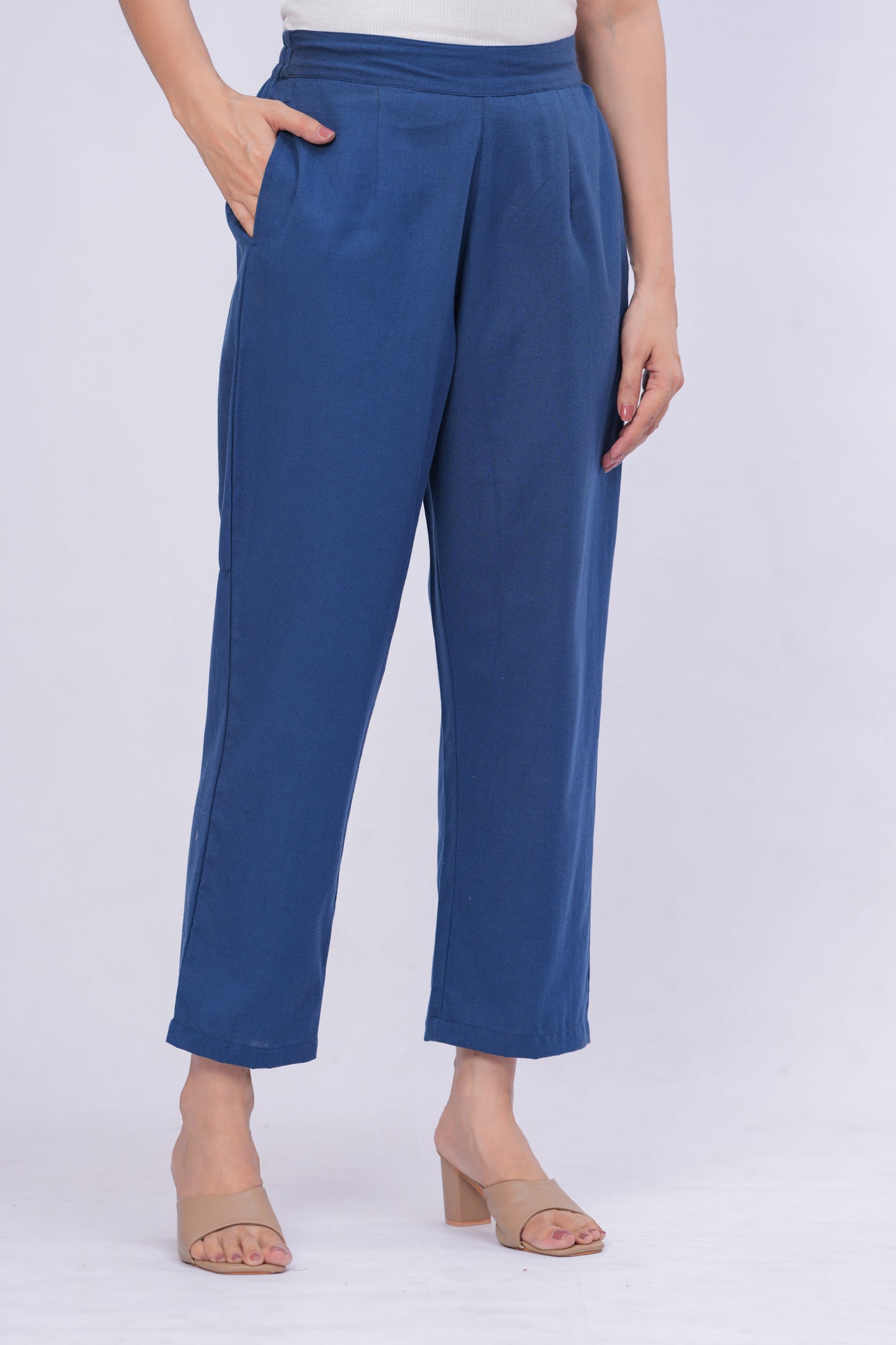 Women Navy Blue Solid Cotton Blend Palazzo Pants | Relaxed Fit Formal/Casual Bottoms