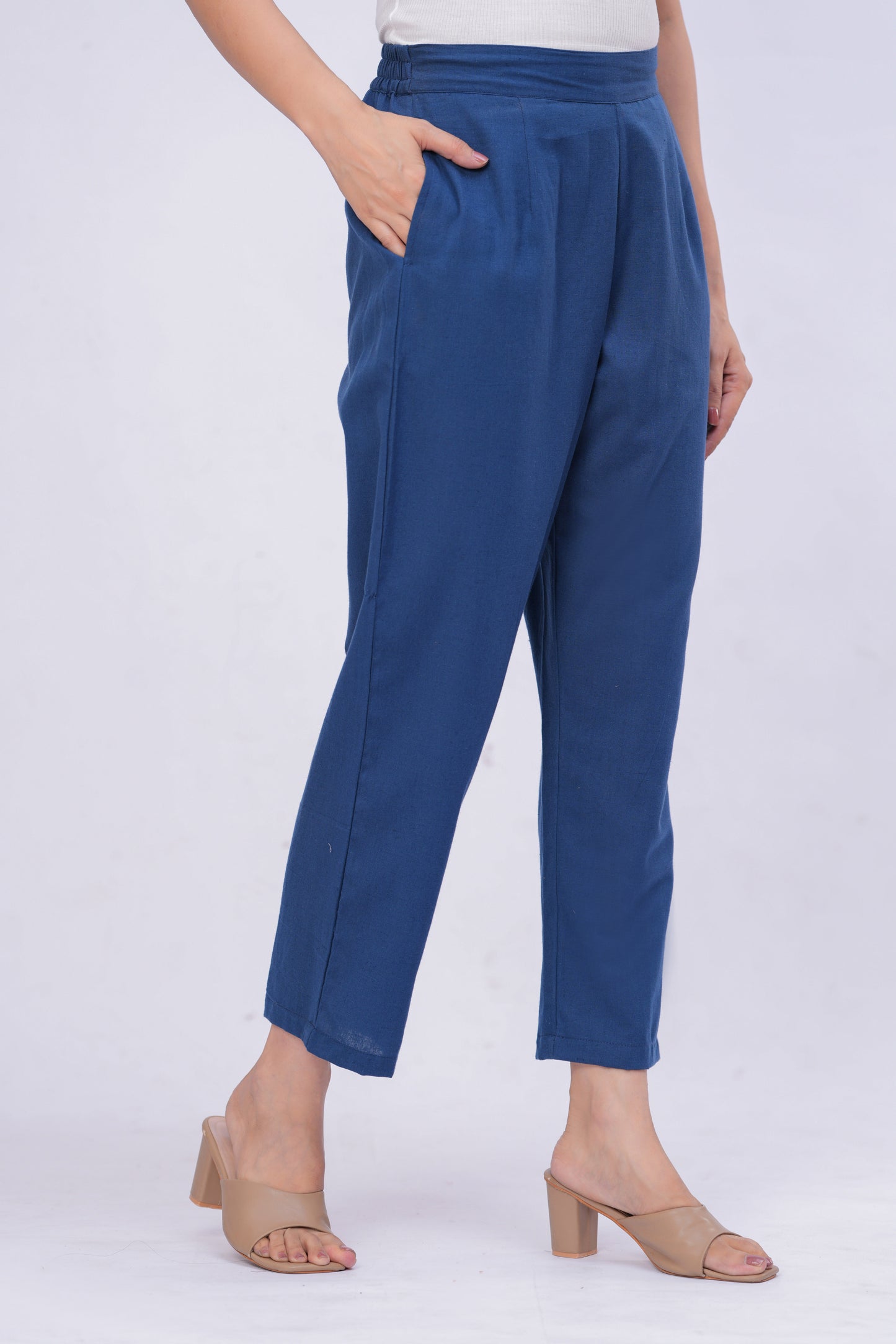 Women Navy Blue Solid Cotton Blend Palazzo Pants | Relaxed Fit Formal/Casual Bottoms