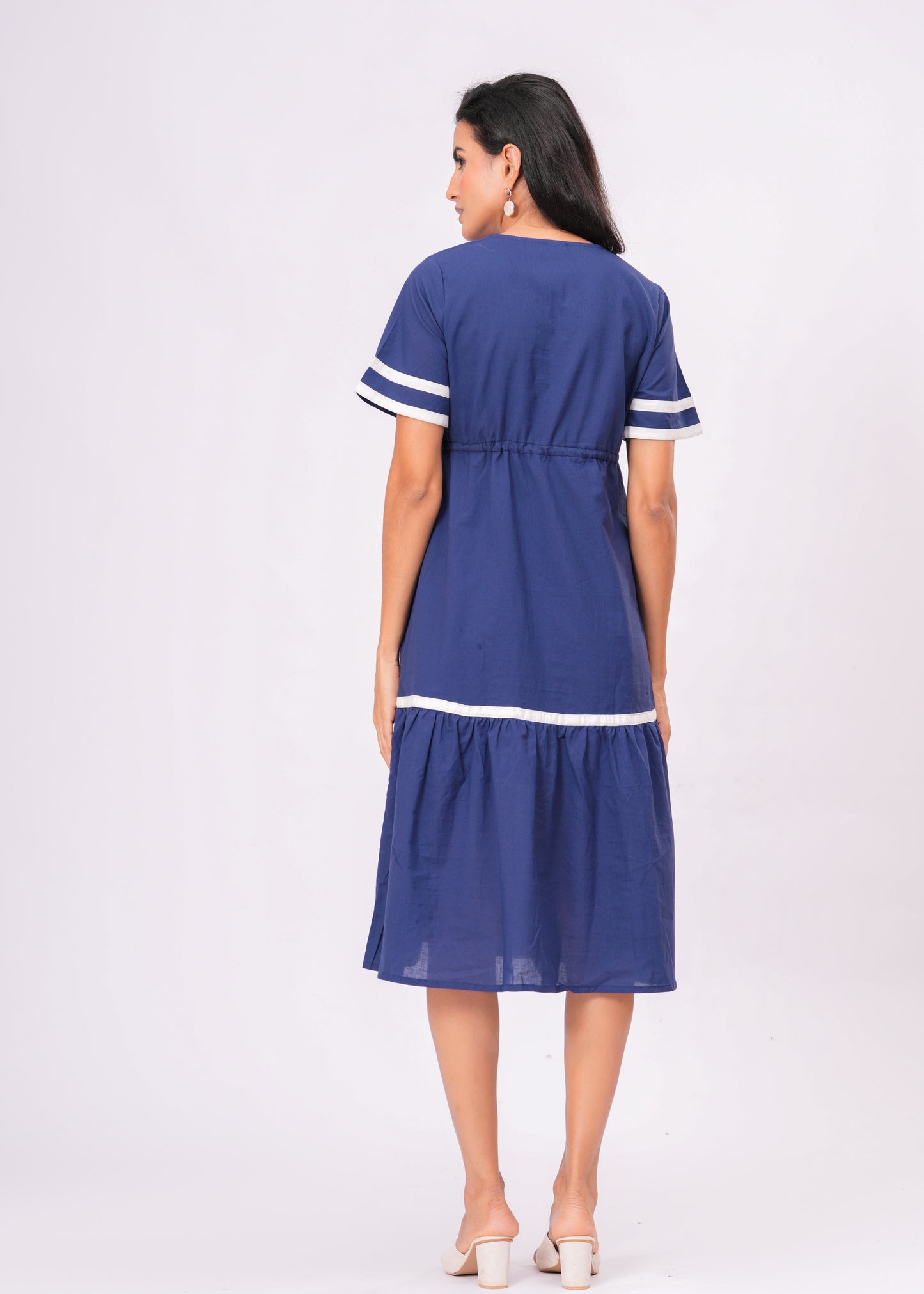 Cotton Empire Waist Midi Dress with Contrast Trim & Tassel Tie Dress