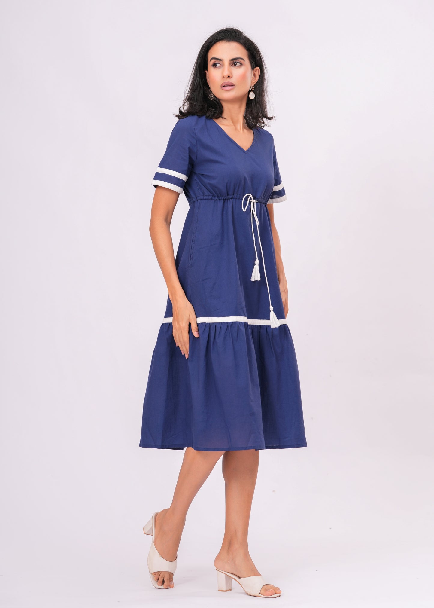 Cotton Empire Waist Midi Dress with Contrast Trim & Tassel Tie Dress