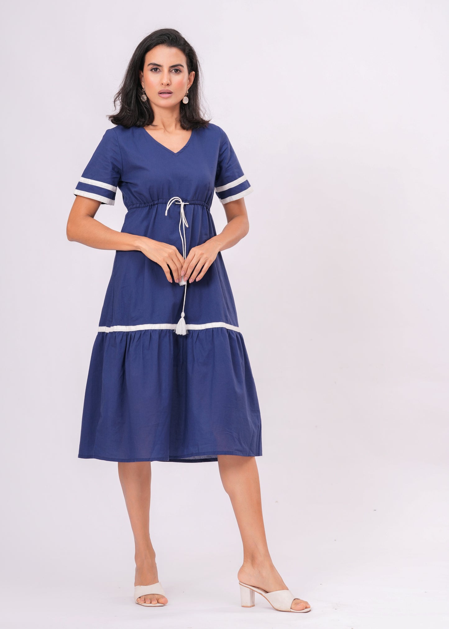 Cotton Empire Waist Midi Dress with Contrast Trim & Tassel Tie Dress