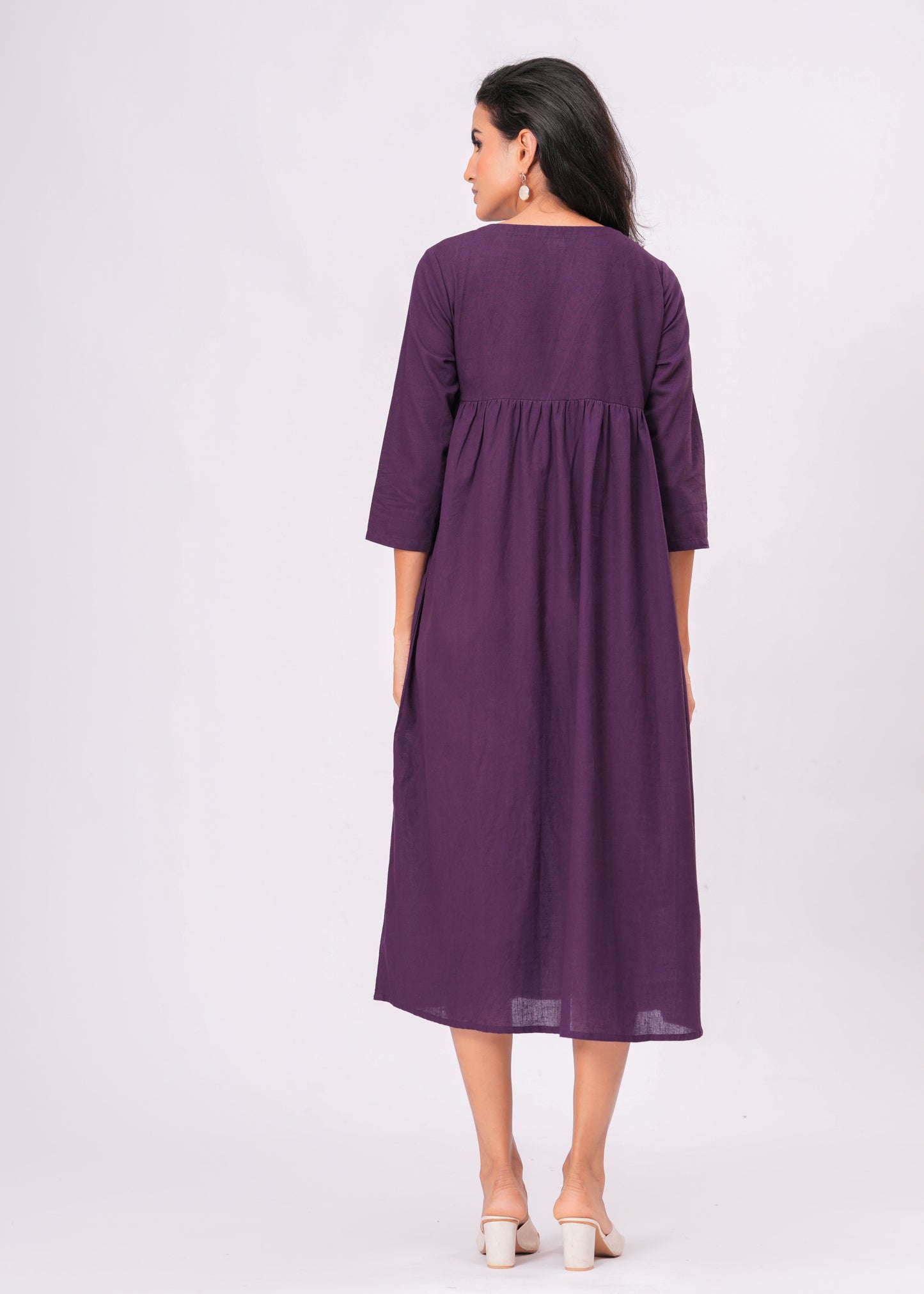 Kantha Embroidered Midi Dress | Boho Purple Empire Waist