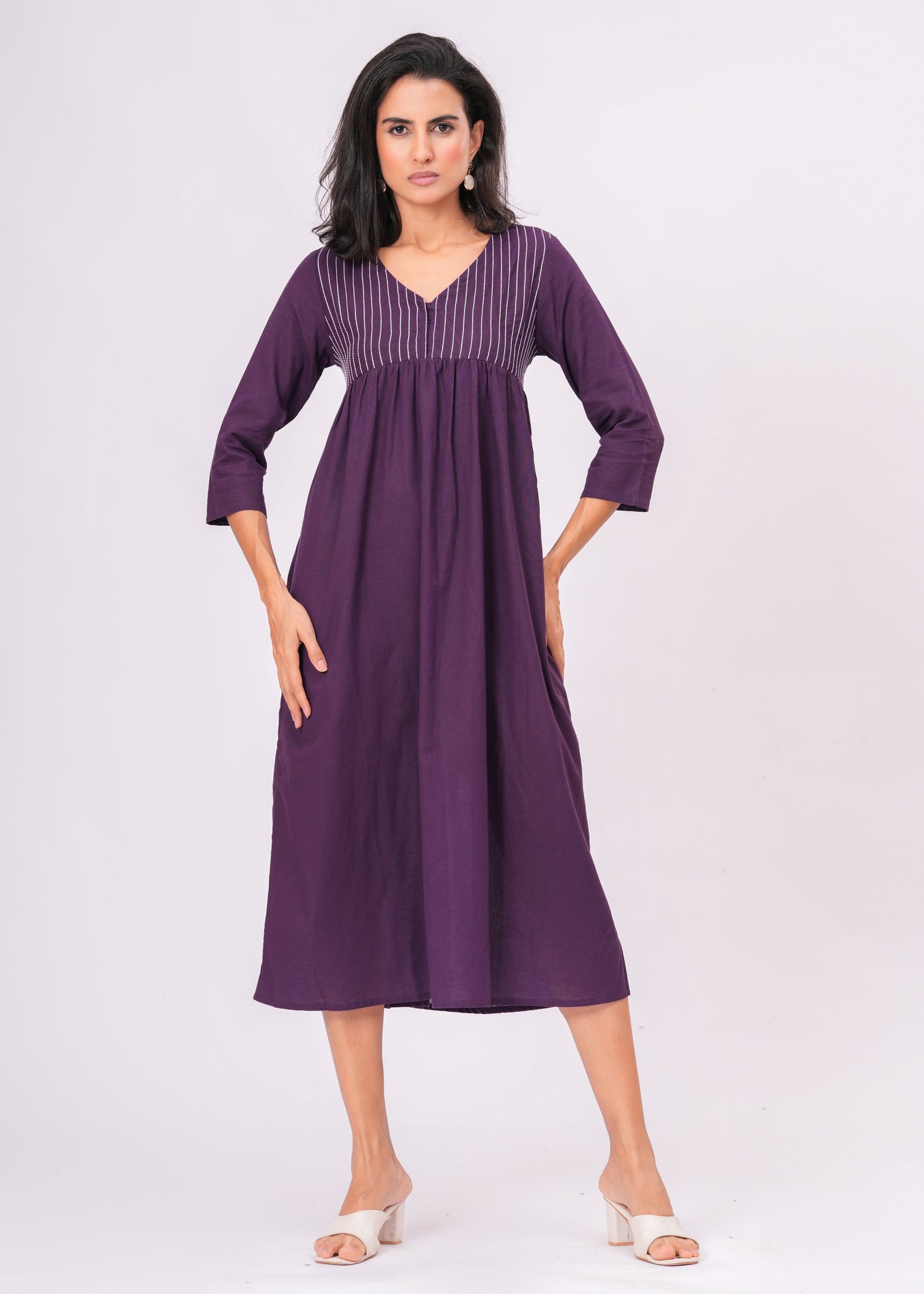 Kantha Embroidered Midi Dress | Boho Purple Empire Waist