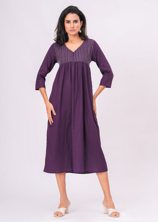 Kantha Embroidered Midi Dress | Boho Purple Empire Waist
