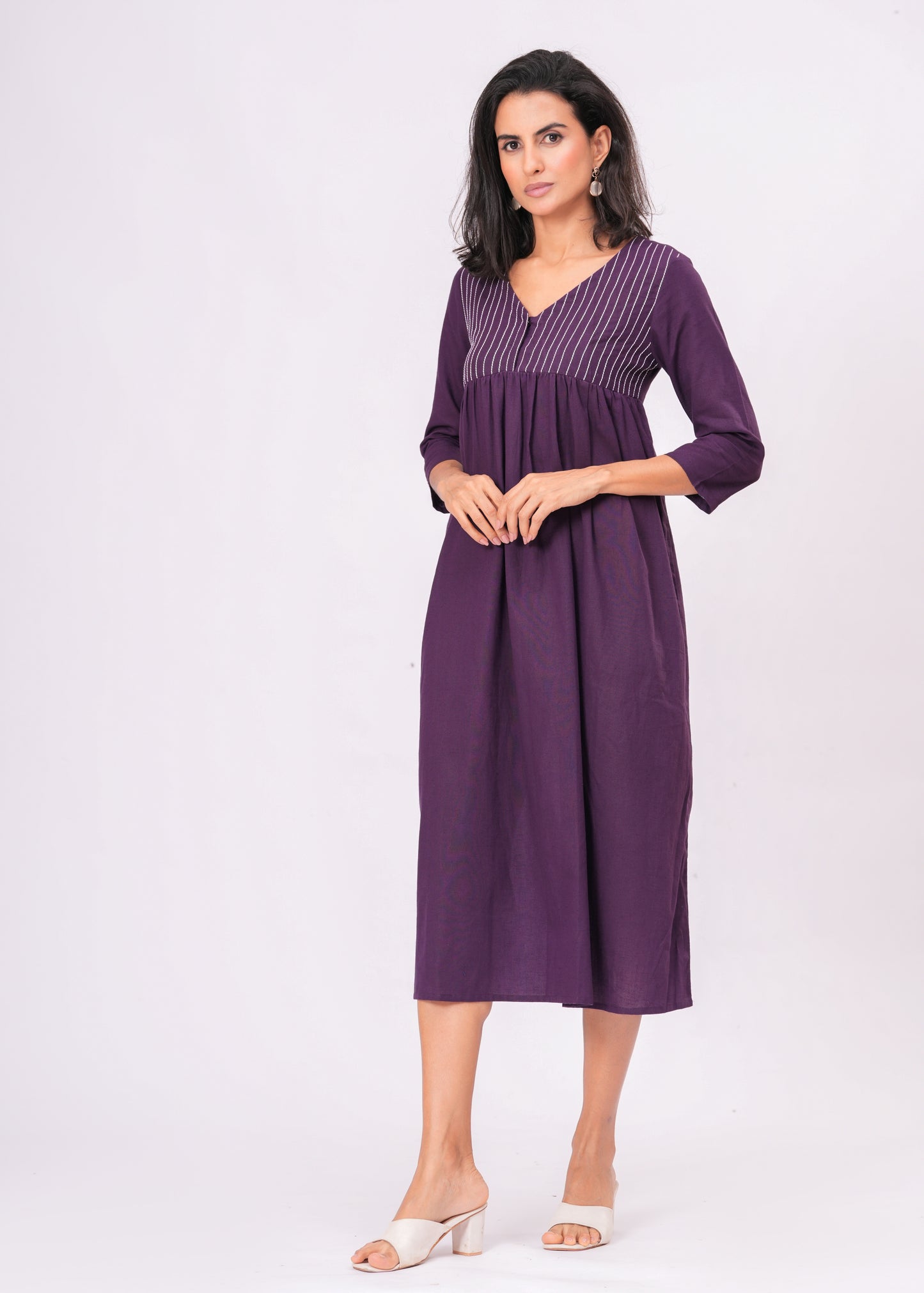 Kantha Embroidered Midi Dress | Boho Purple Empire Waist