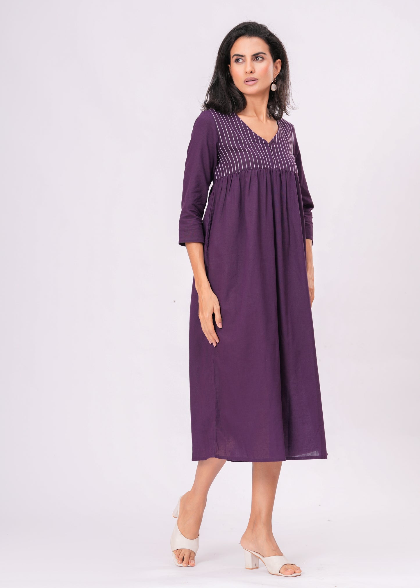 Kantha Embroidered Midi Dress | Boho Purple Empire Waist