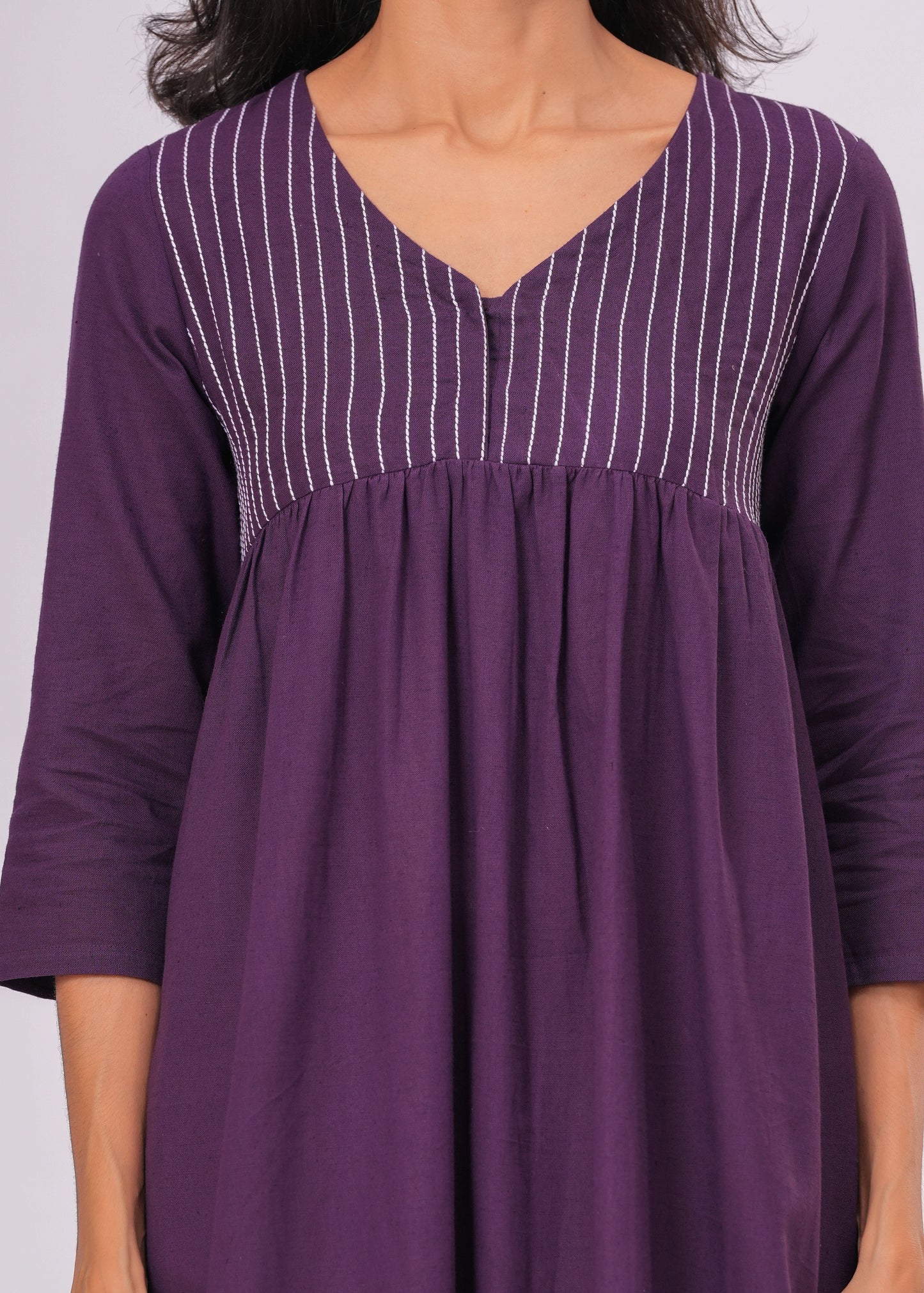 Kantha Embroidered Midi Dress | Boho Purple Empire Waist