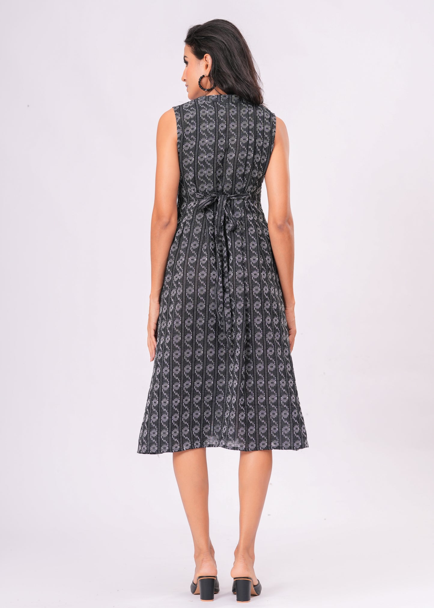 Handcrafted Kantha Work Black Cotton Midi Dress | Sleeveless A-Line Fit with Back Tie Belt & Button Front