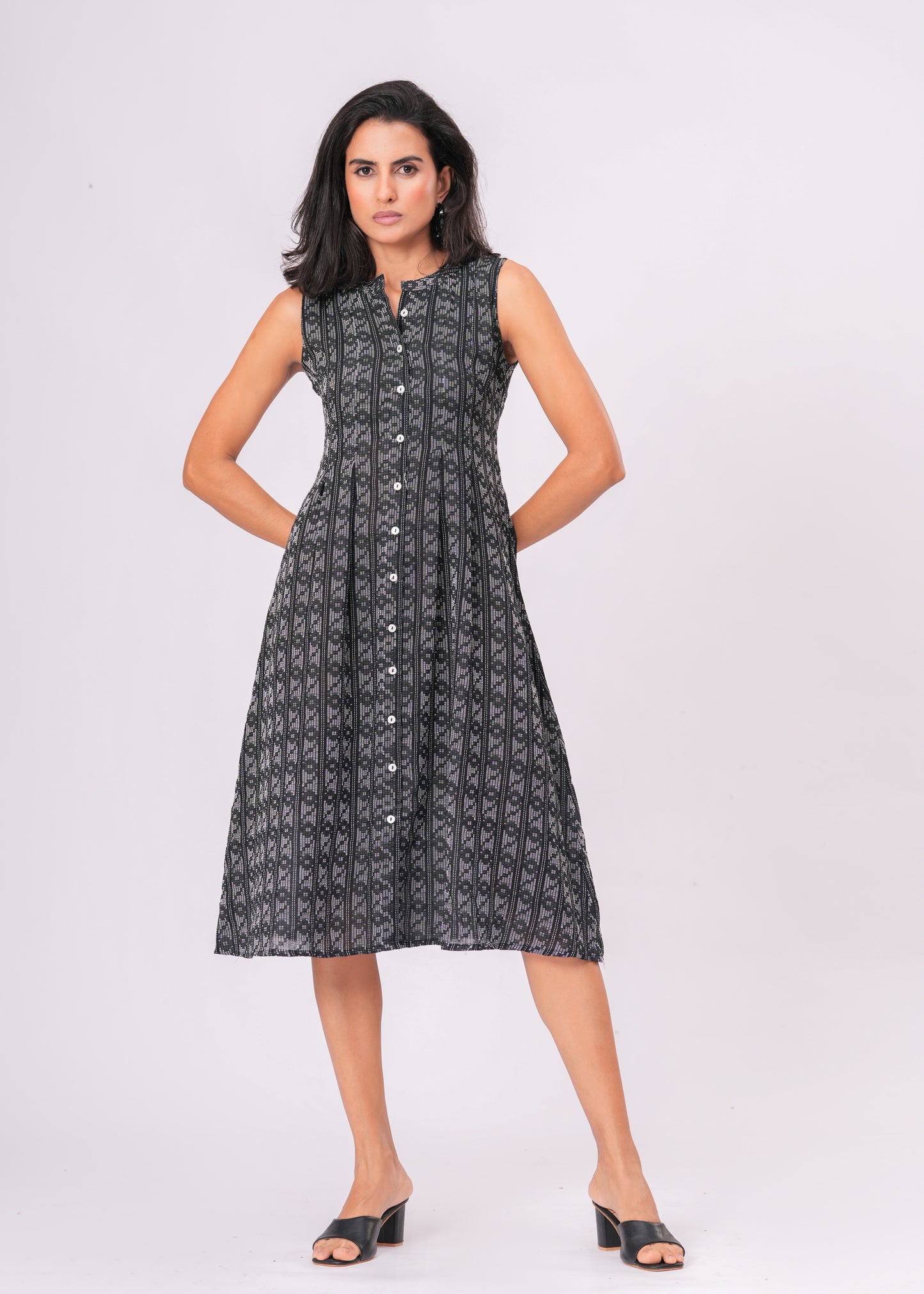 Handcrafted Kantha Work Black Cotton Midi Dress | Sleeveless A-Line Fit with Back Tie Belt & Button Front