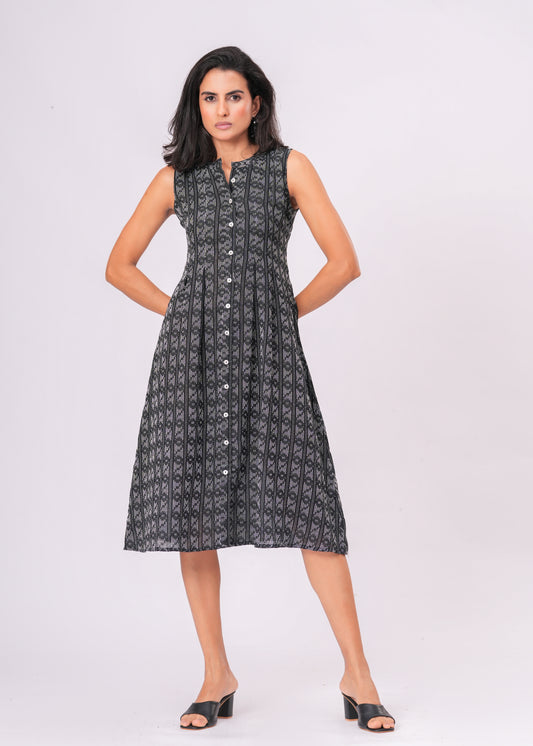 Handcrafted Kantha Work Black Cotton Midi Dress | Sleeveless A-Line Fit with Back Tie Belt & Button Front