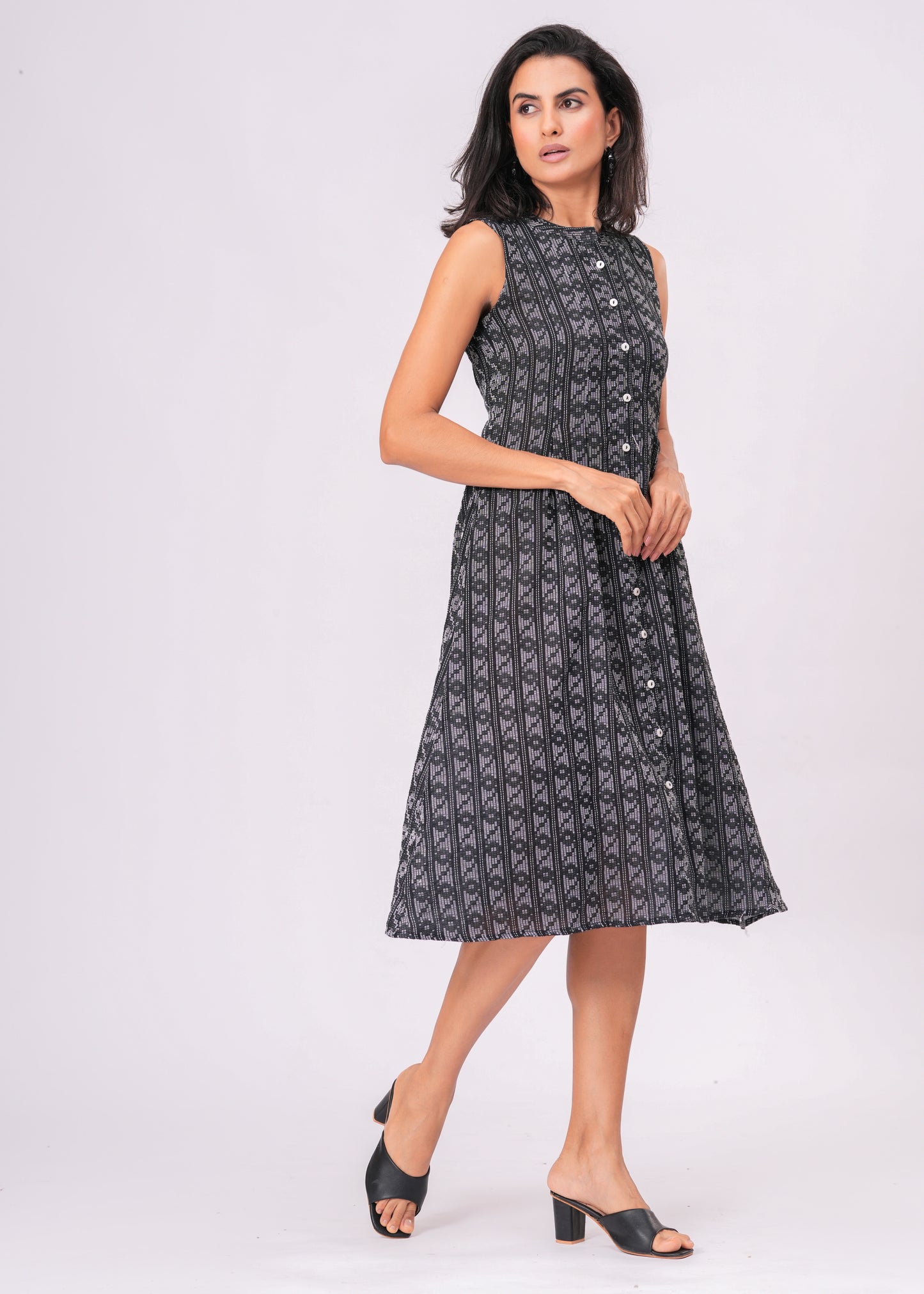 Handcrafted Kantha Work Black Cotton Midi Dress | Sleeveless A-Line Fit with Back Tie Belt & Button Front